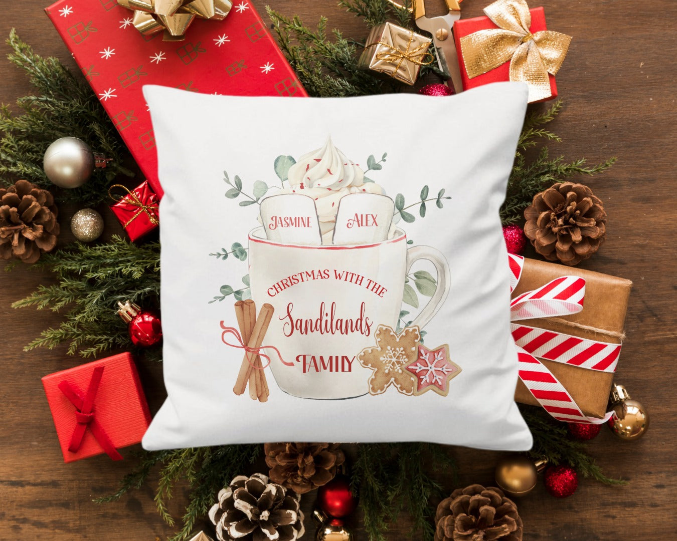 Hot Chocolate Mug Personalised Cushion - 1 to 6 Marshmallows - custom family cushion