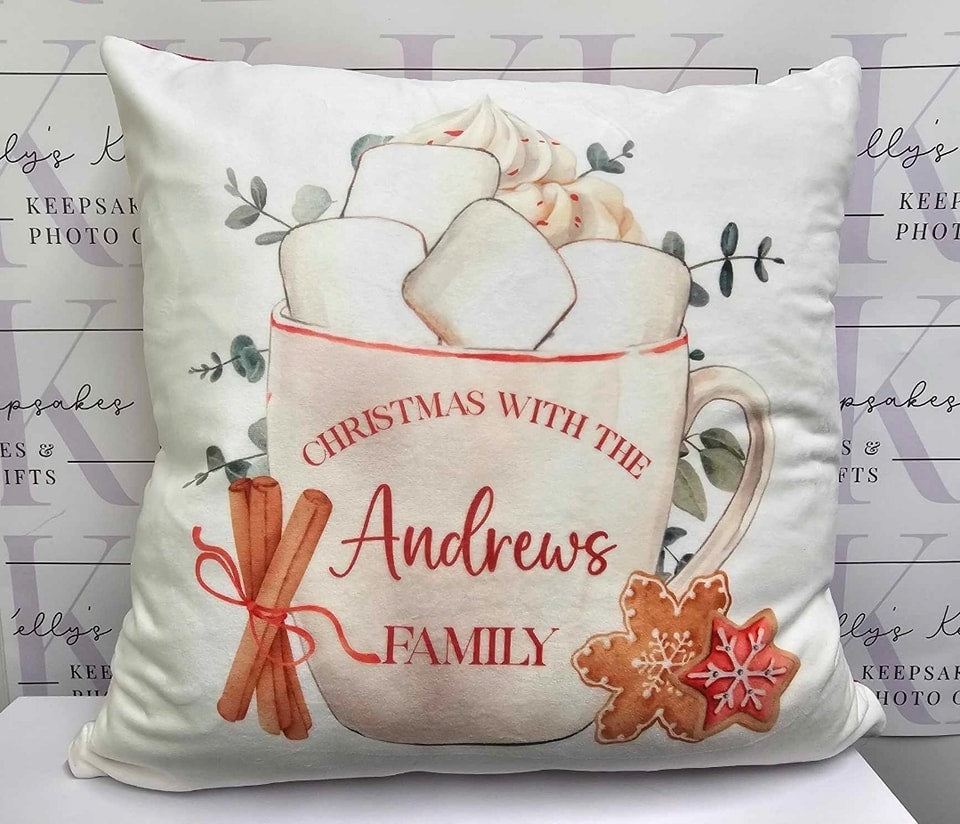 Hot Chocolate Mug Personalised Cushion - 1 to 6 Marshmallows - custom family cushion