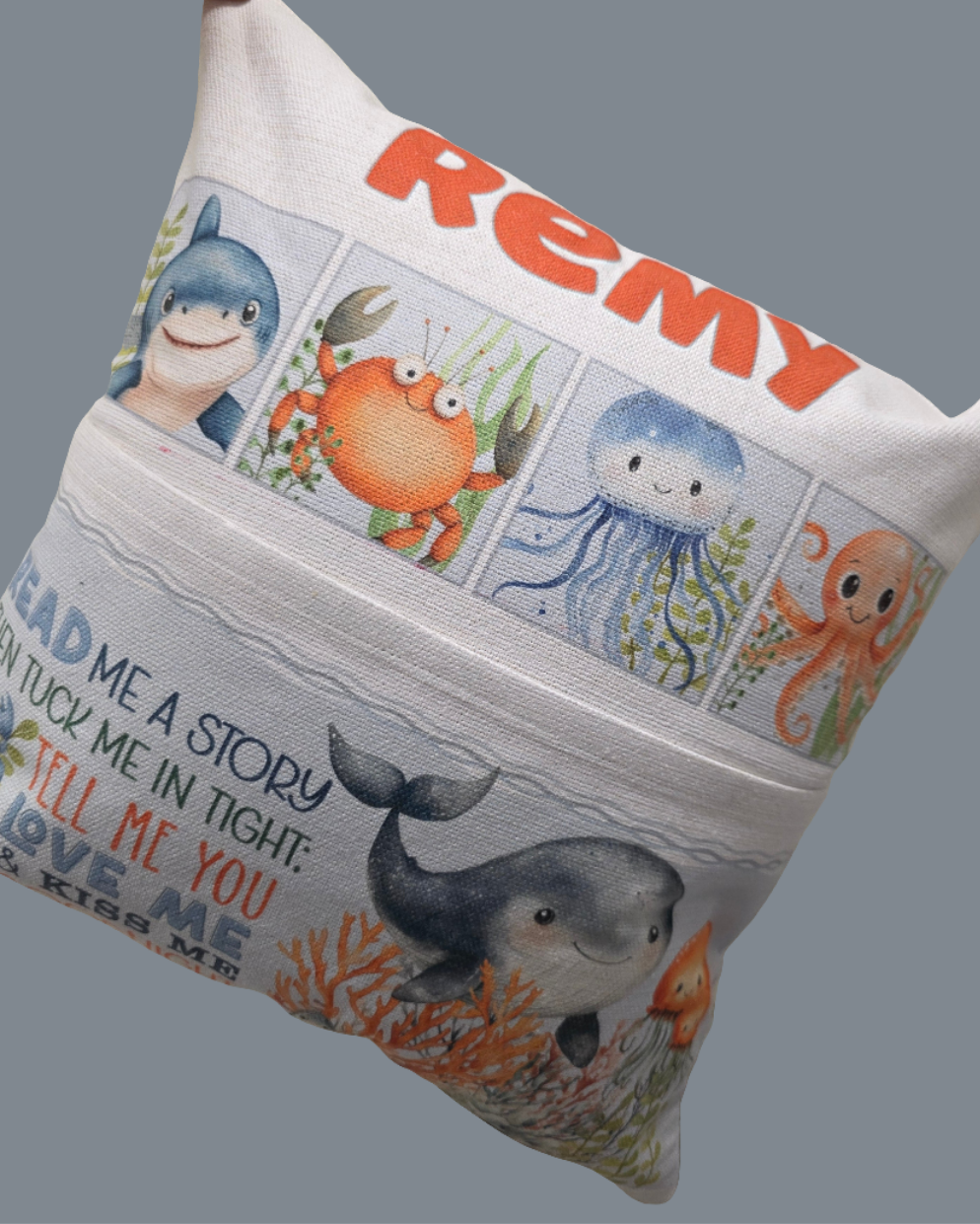 Under the sea book pocket cushion - young reader - personalised cushion - 2 options