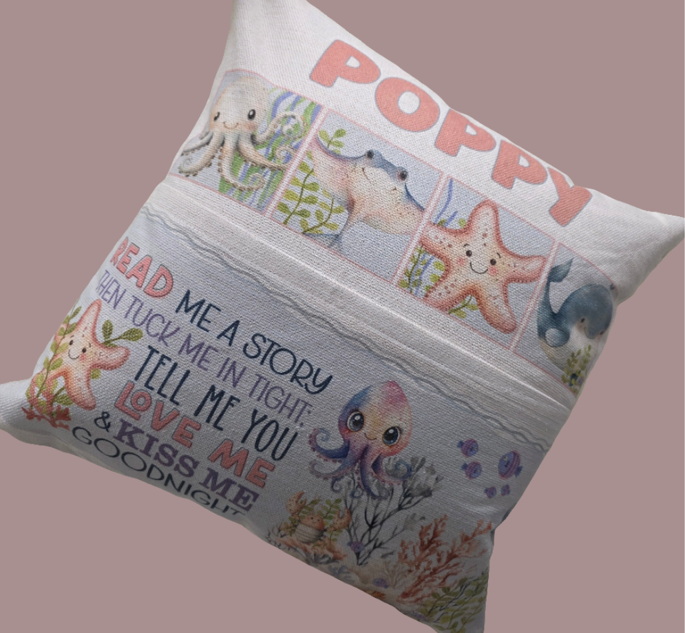 Under the sea book pocket cushion - young reader - personalised cushion - 2 options