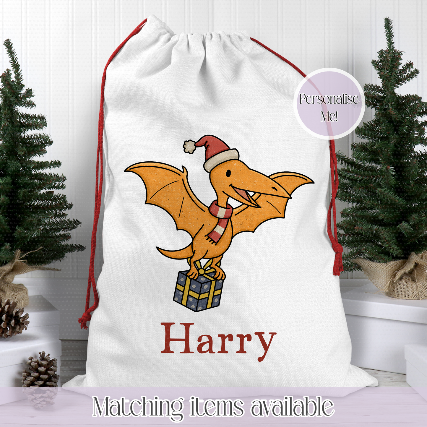 Christmas Personalised Dinosaur Santa Sack - Christmas Sack - 70 x 50 cm - custom name