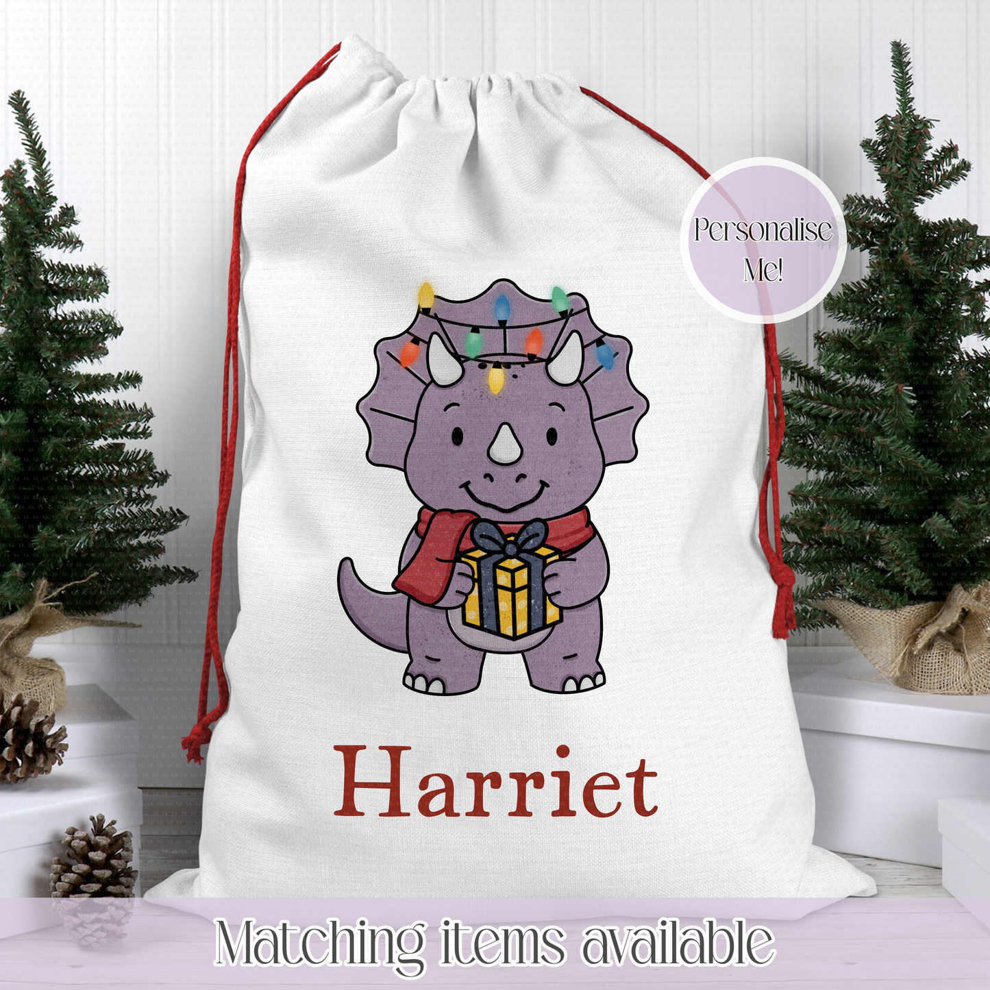 Christmas Personalised Dinosaur Santa Sack - Christmas Sack - 70 x 50 cm - custom name