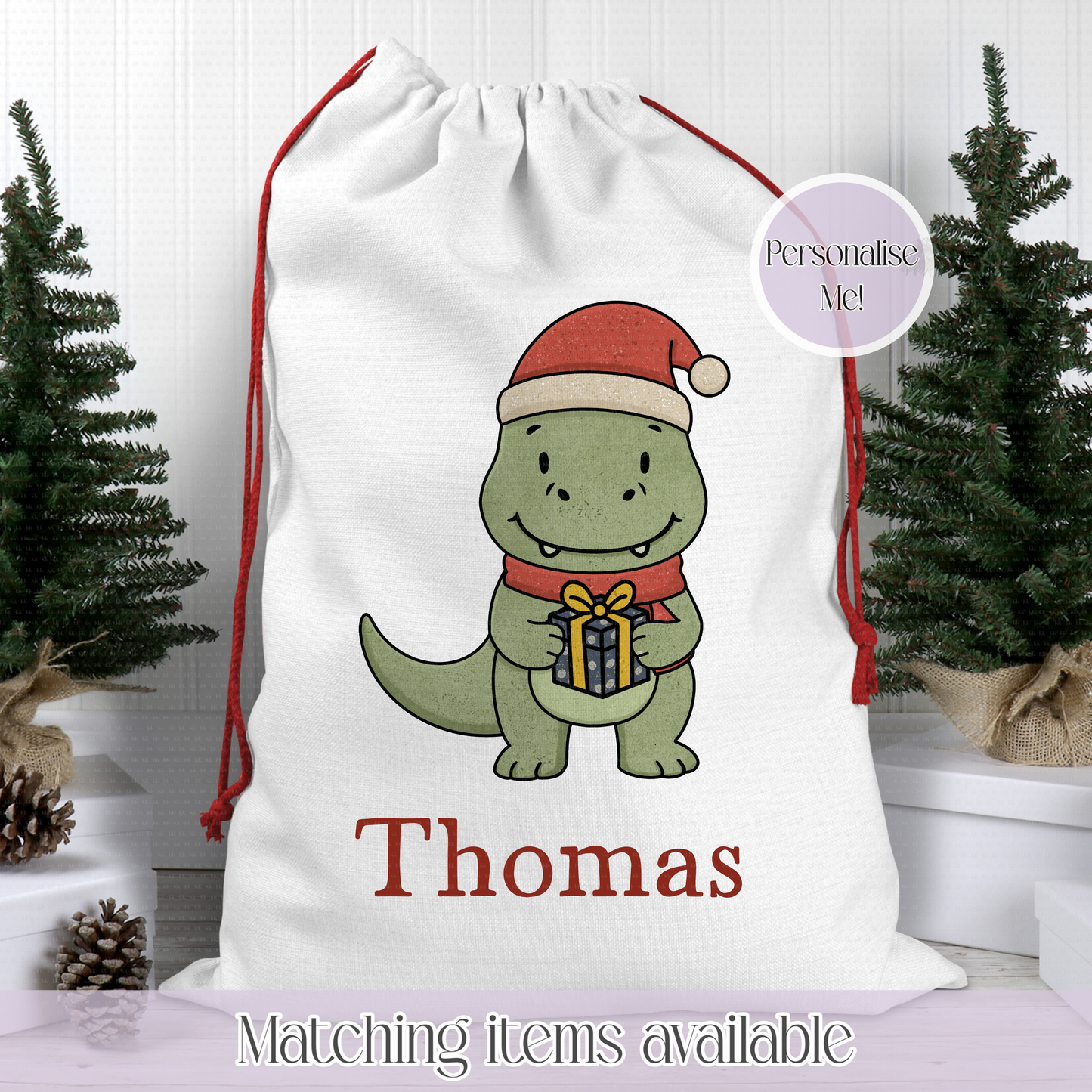Christmas Personalised Dinosaur Santa Sack - Christmas Sack - 70 x 50 cm - custom name