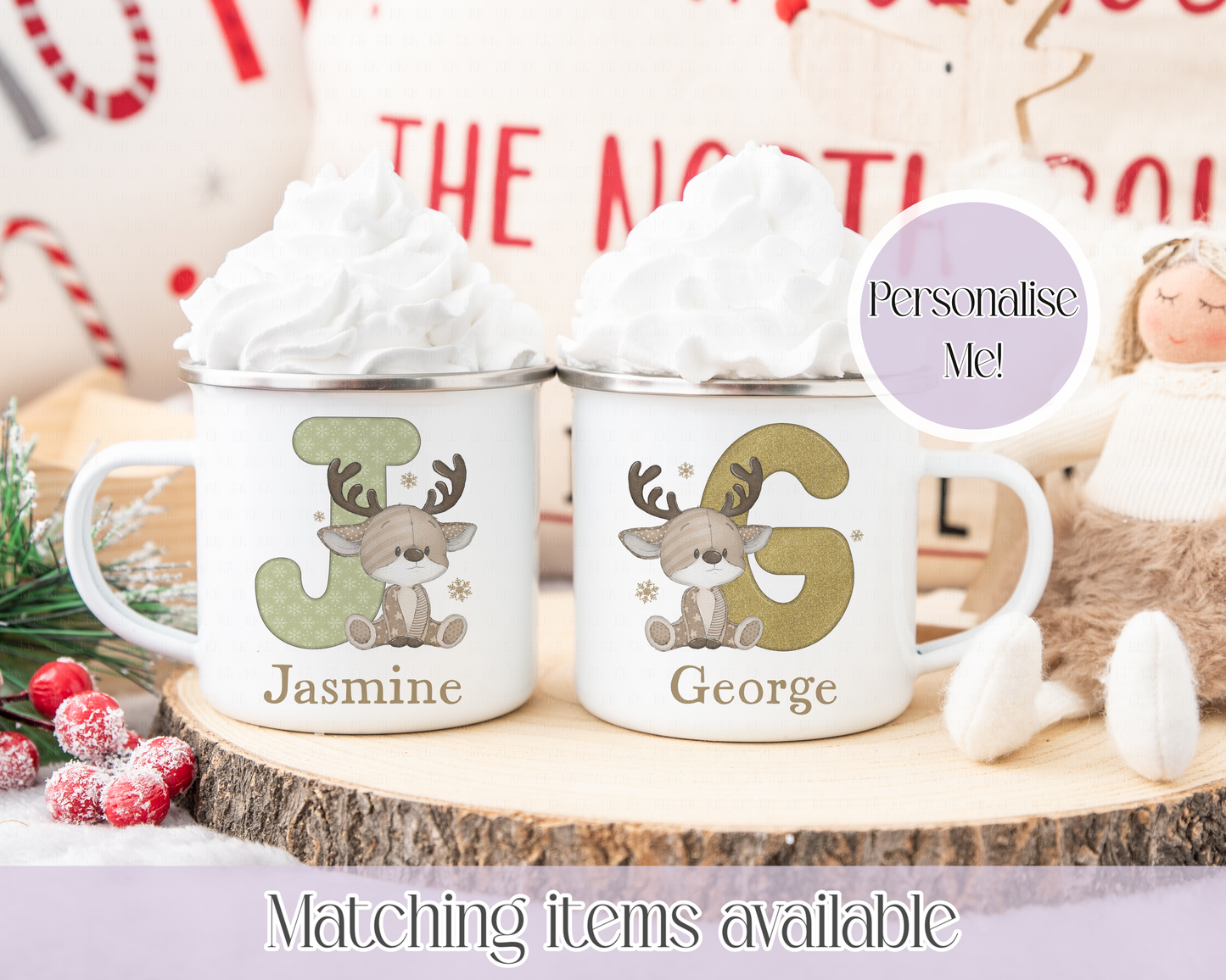 Personalised Christmas Reindeer Teddy Initial Mug – Enamel or Ceramic | Custom Name | Christmas Hot Chocolate Mug