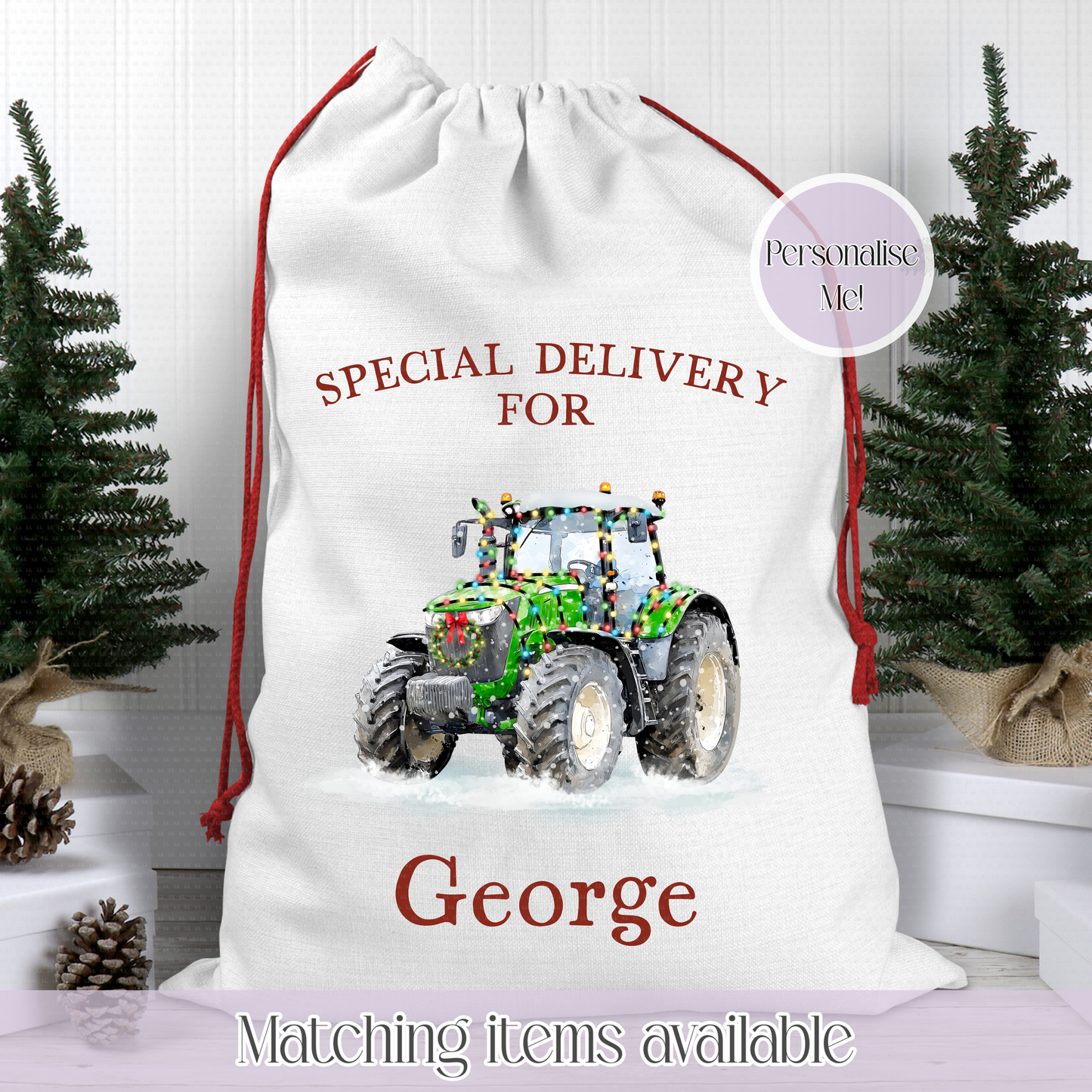 Christmas Personalised Tractor Santa Sack - Christmas Sack - 70 x 50 cm - custom name