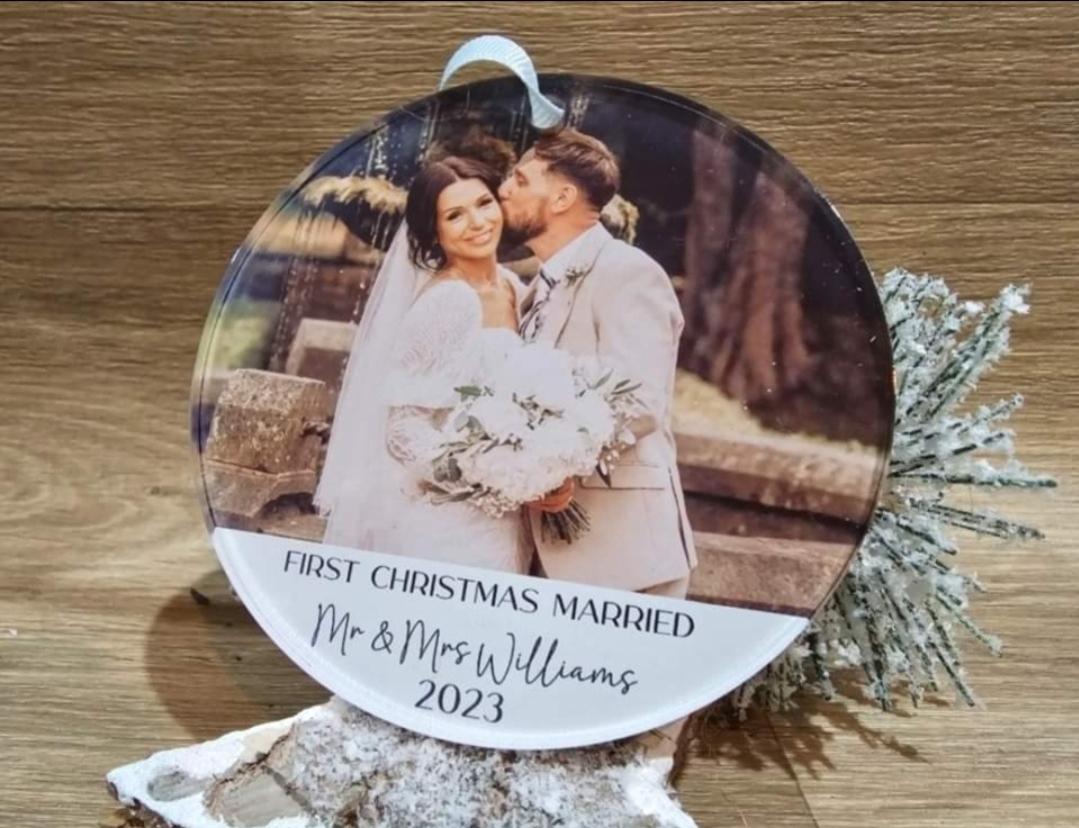 Personalised Our First Christmas Married Photo Acrylic Decoration. Mr and Mrs - Mr and Mr - Mrs and Mrs
