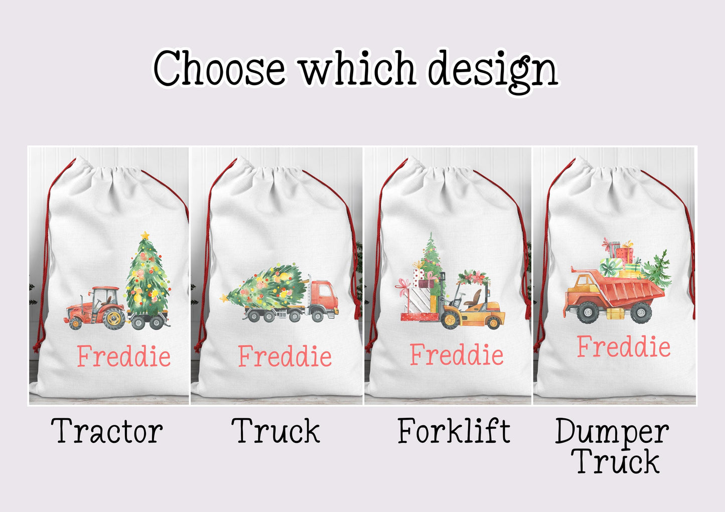 Personalised Truck Tractor Santa Sack. Vehicles forklift- truck - Tractor- dumper truck. Construction Christmas Vehicles