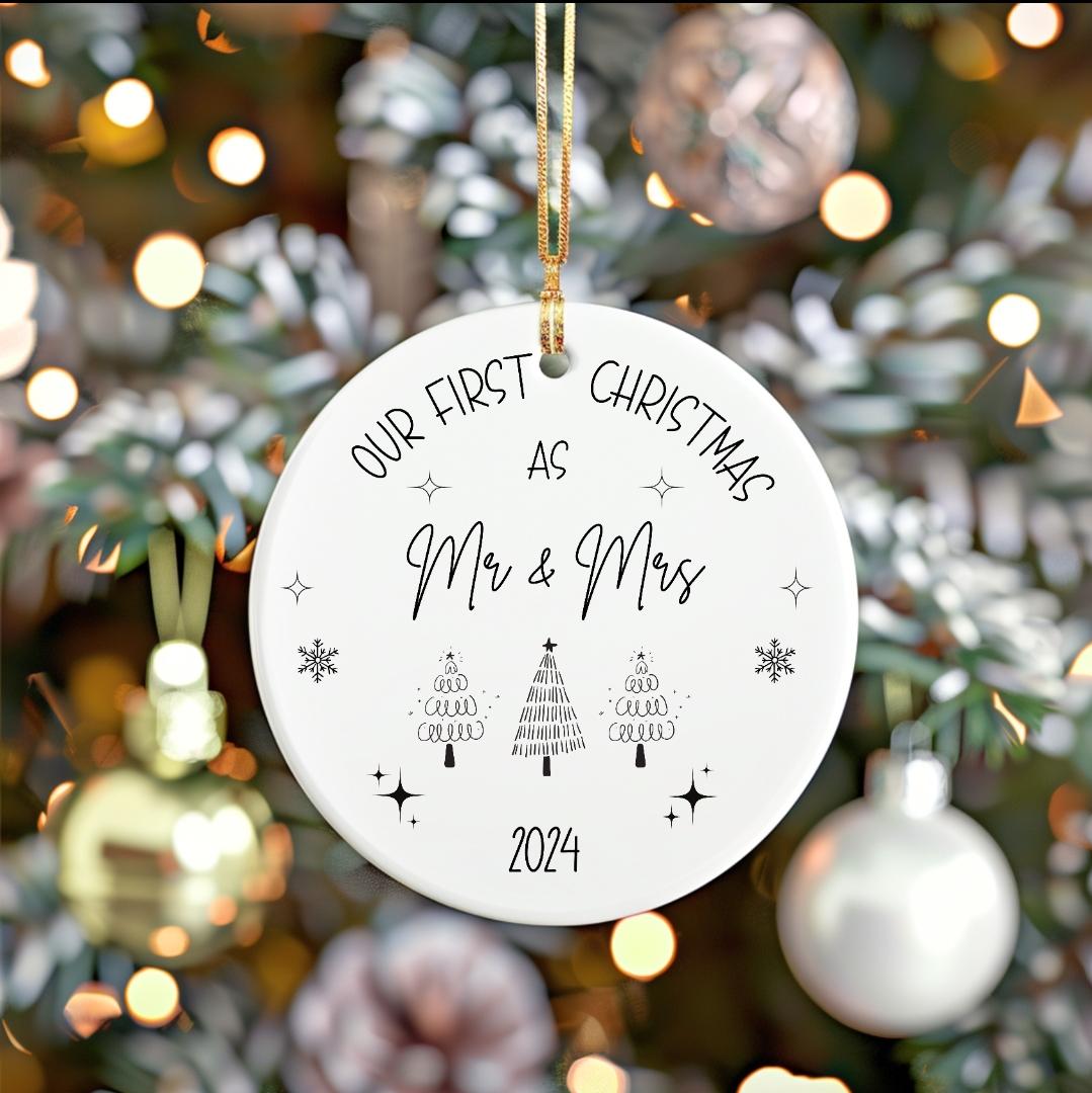 Personalised First Christmas Married 2025. Married wedding bauble, ceramic Christmas decoration for them. Couple. For her for him.