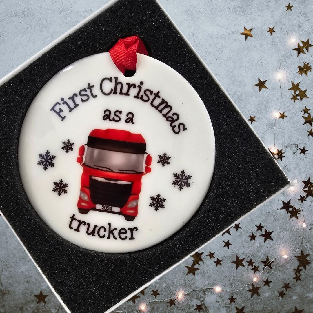 Personalised First Christmas As A Trucker 2025. truck driver bauble, ceramic decoration hgv driver first year