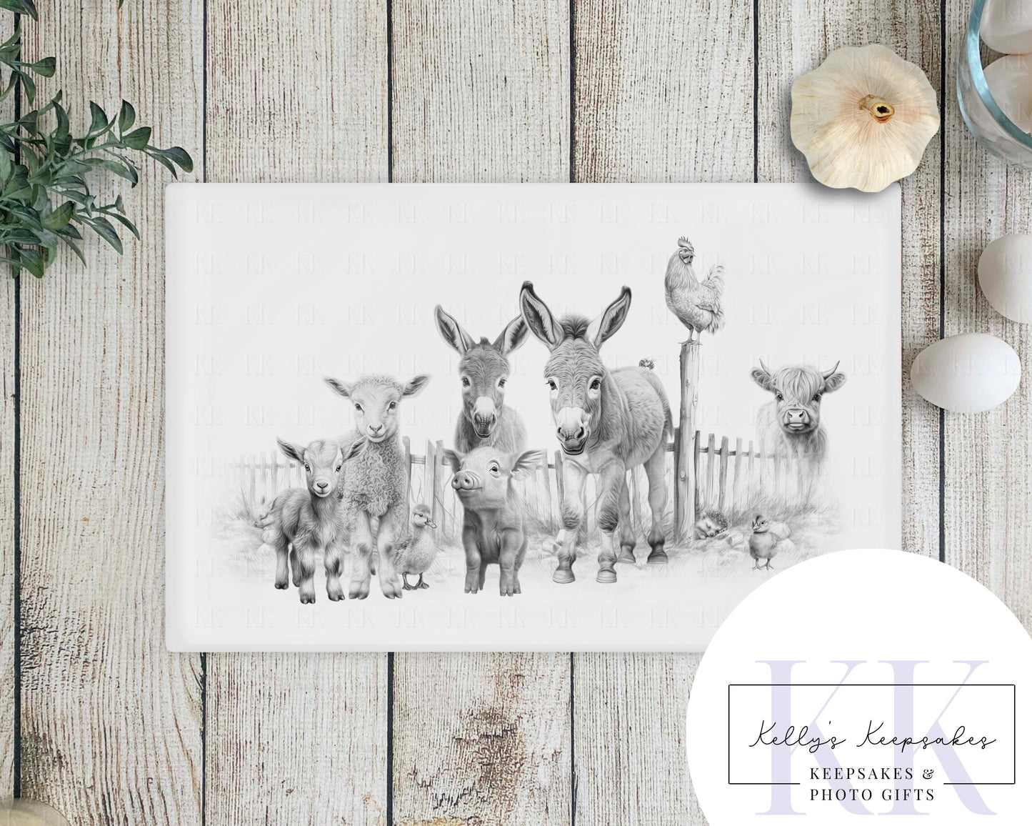 Sketchy Farmyard Animals Glass Chopping Board - Kitchen Counter Saver - Work Top Saver - Kitchen Decor - New Home Gift -Can be personalised
