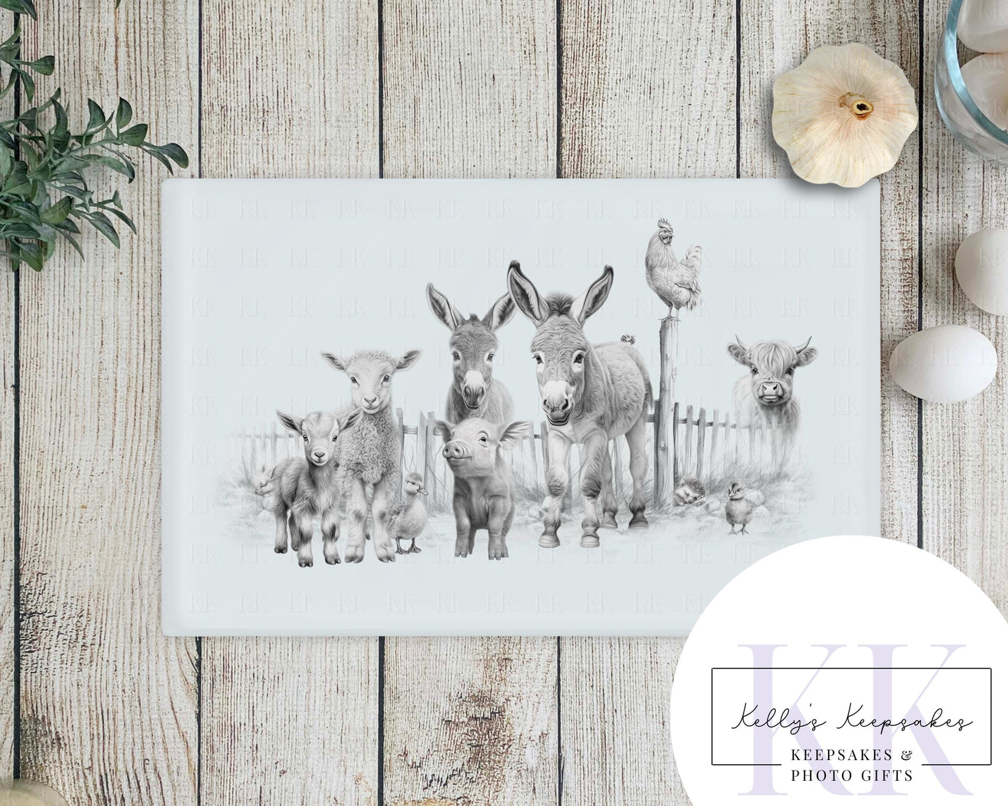 Sketchy Farmyard Animals Glass Chopping Board - Kitchen Counter Saver - Work Top Saver - Kitchen Decor - New Home Gift -Can be personalised