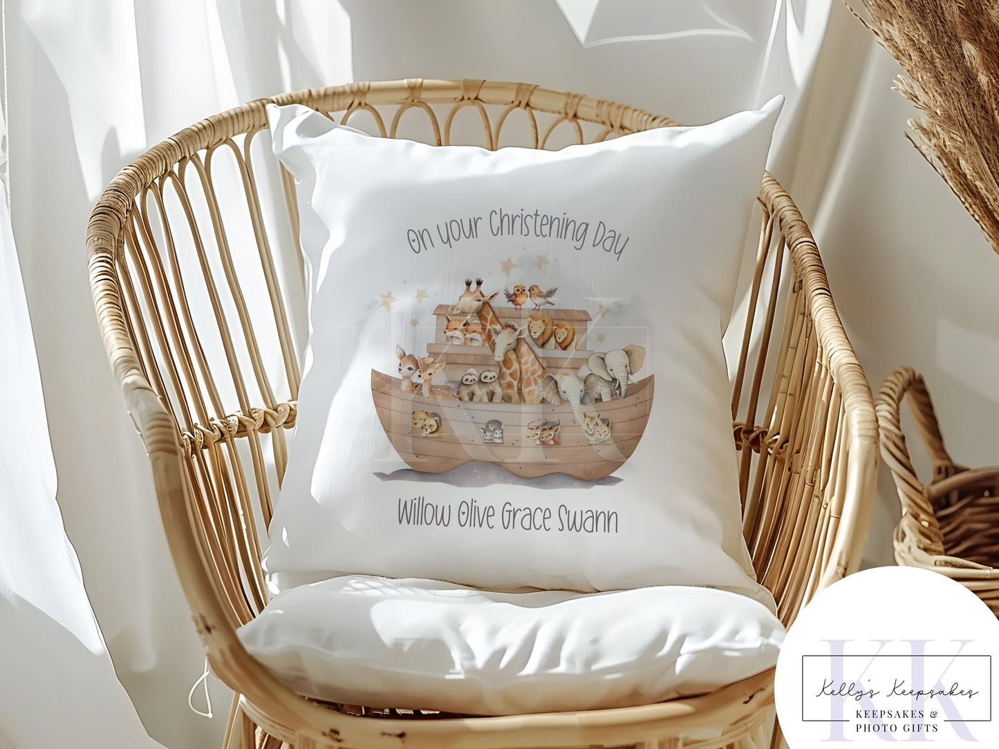 Personalised Christening Noah's Ark Velvet Cushion - Christening Gift - Baby Gift