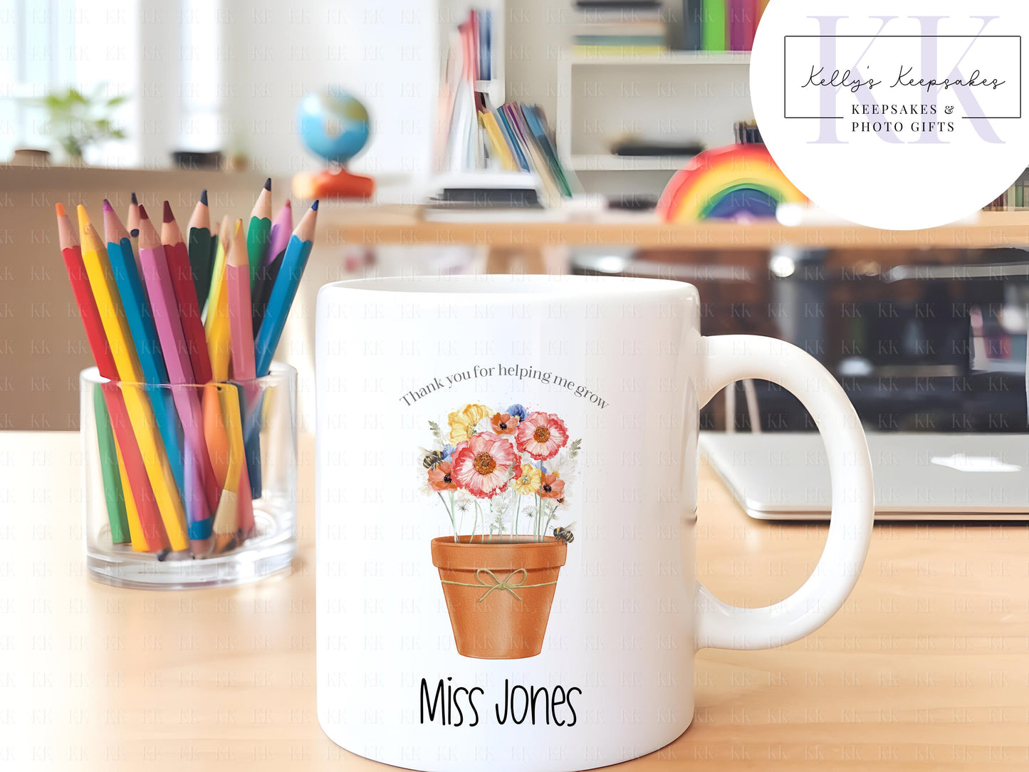 Personalised Thanks For Helping Me Grow Flower Pot Teacher Mug - Teacher Gift - Schools Out - Wild Flowers - Sun Flowers