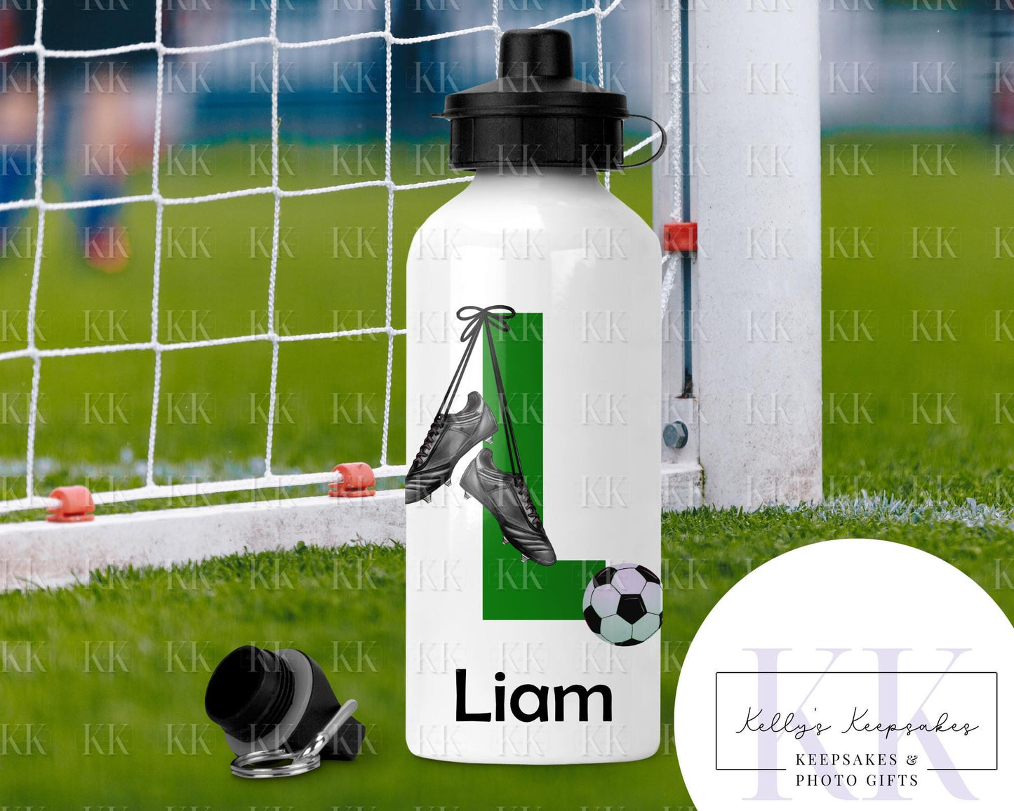 Personalised Football Alphabet Water Bottle- 600ml - Football Player - 2 Lids - School - Footballer - Drink Bottle