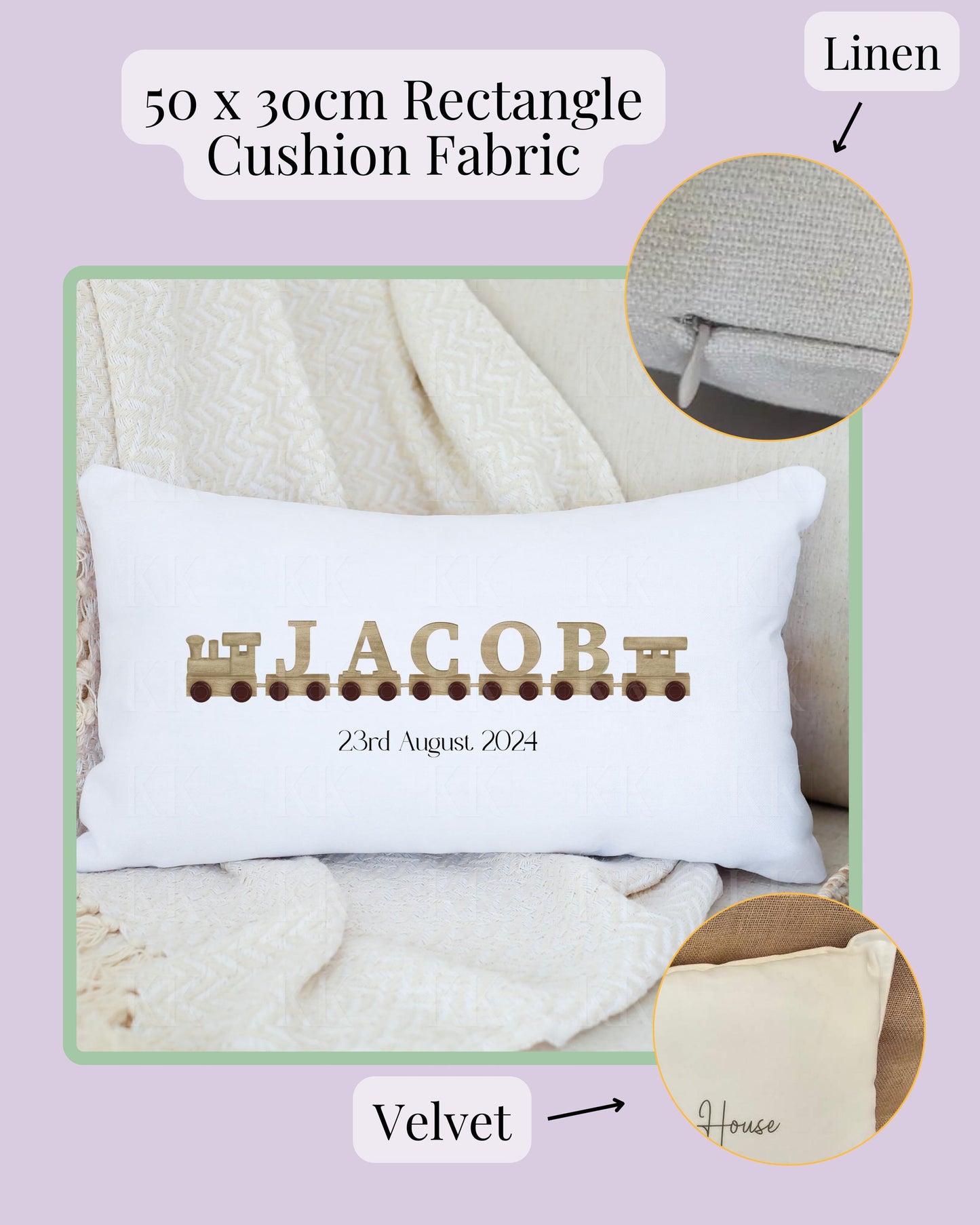 Personalised Wooden Train Name Cushion - Birth Gift- Christening Gif - Wooden Toy Design Cushion