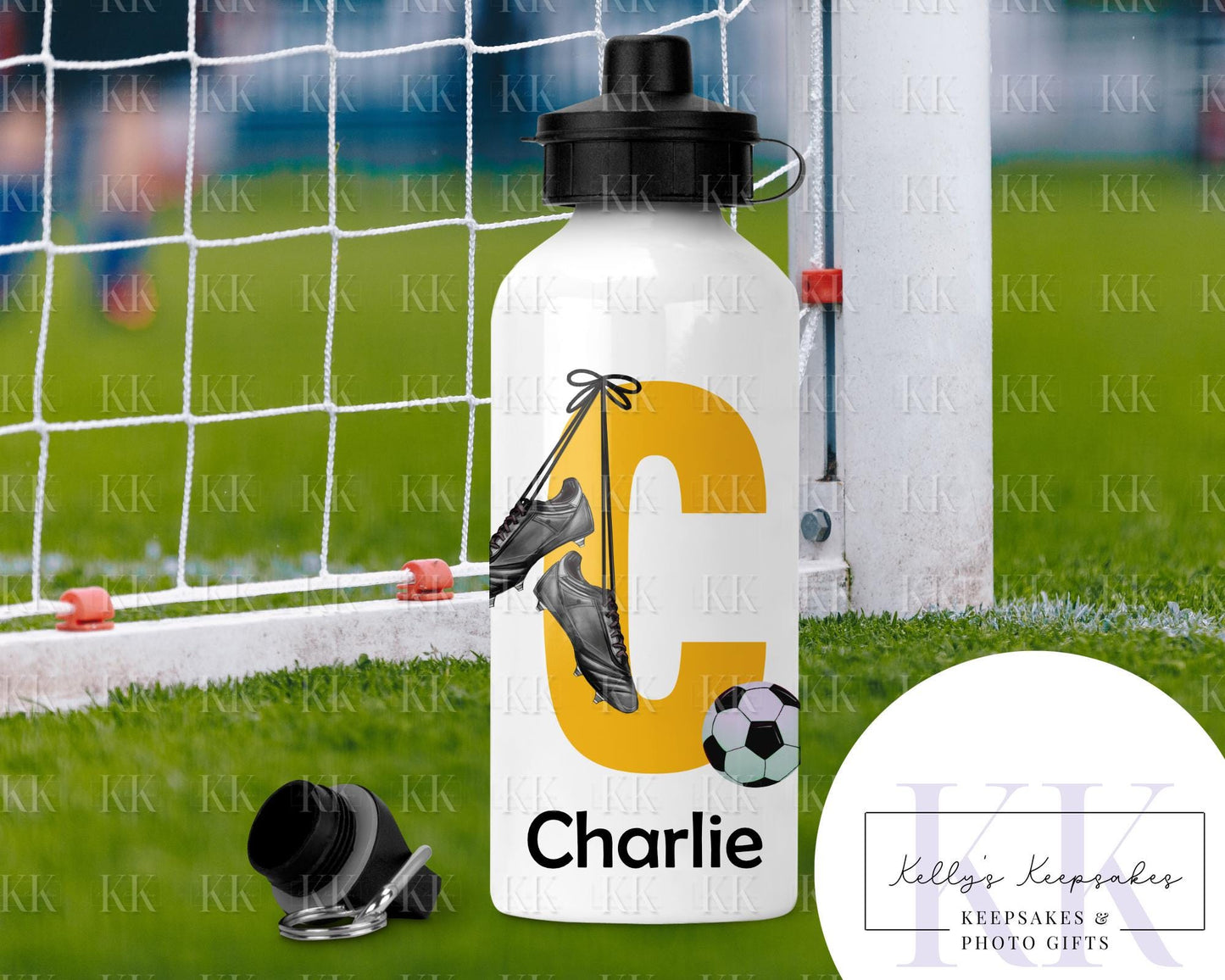 Personalised Football Alphabet Water Bottle- 600ml - Football Player - 2 Lids - School - Footballer - Drink Bottle