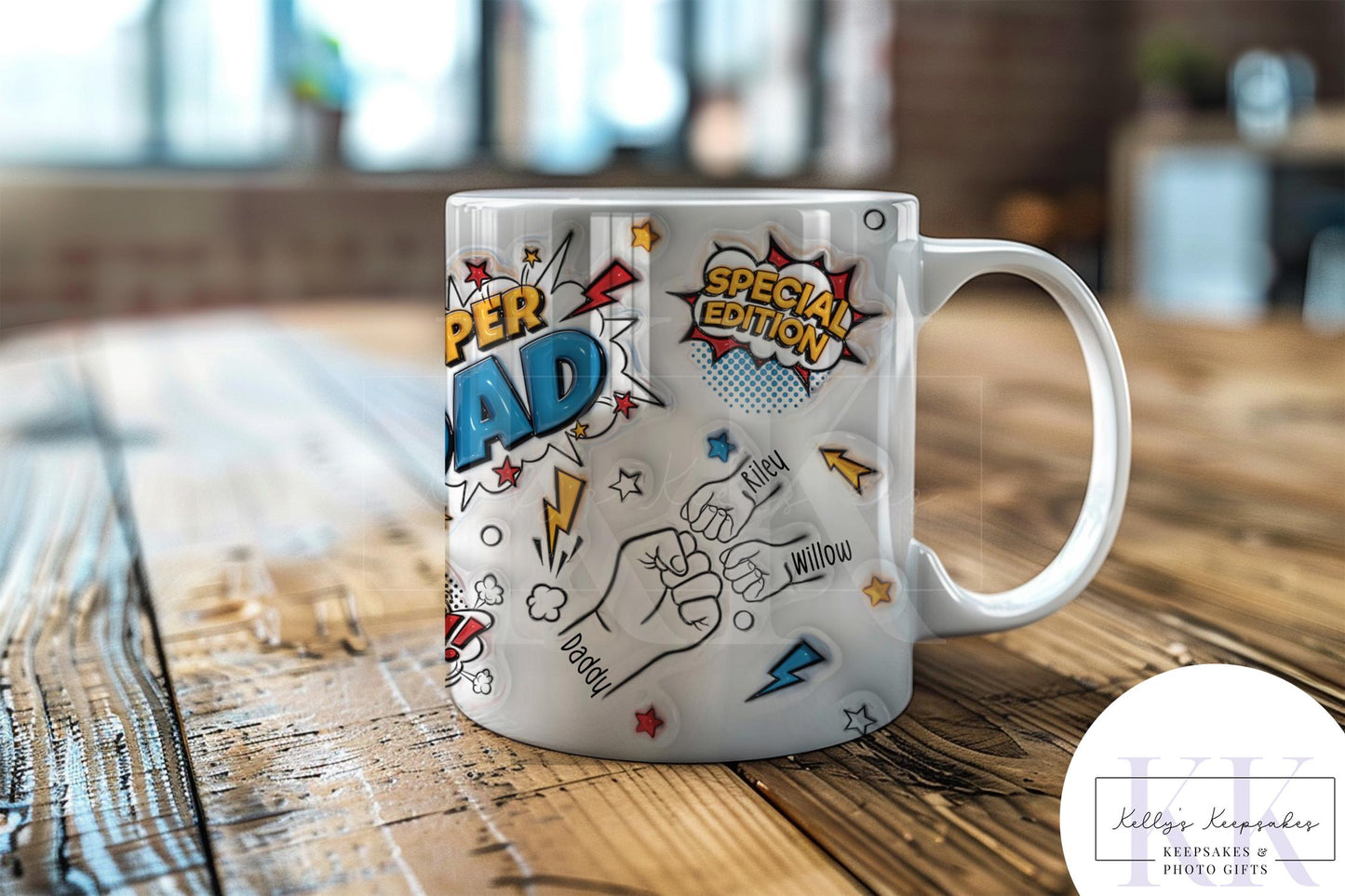 Personalised Super Dad Fist Bump Mug - Fathers Day - Dad & Children - Daddy - Gift for him - upto 6 hands - Super Hero