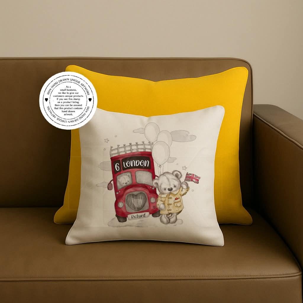 Personalised Sketchy London Bus with Teddy Bear - London themed - Cushion - Velvet Cushion- London Decor - London Trip - Souvenir