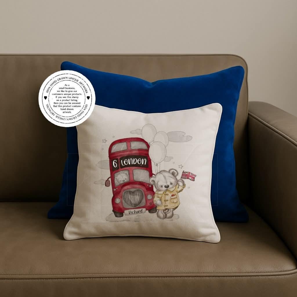 Personalised Sketchy London Bus with Teddy Bear - London themed - Cushion - Velvet Cushion- London Decor - London Trip - Souvenir
