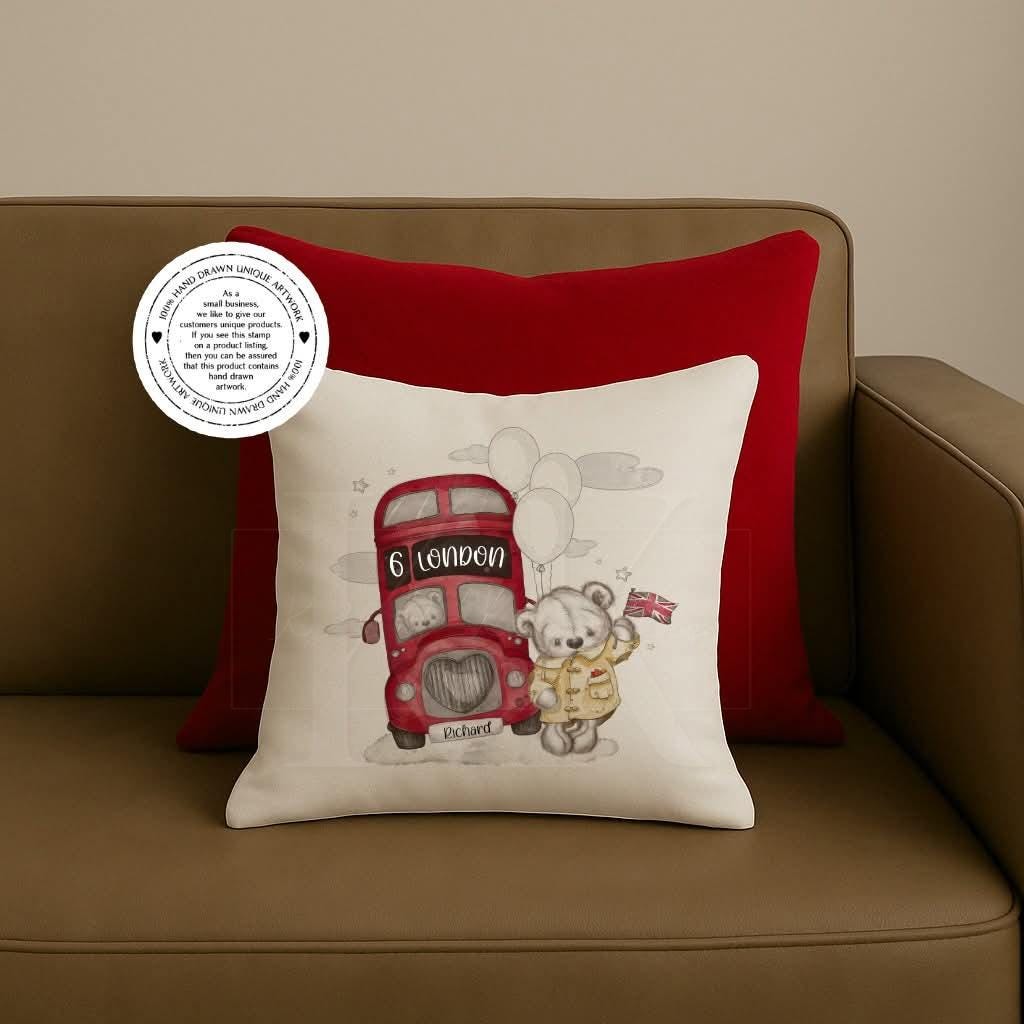 Personalised Sketchy London Bus with Teddy Bear - London themed - Cushion - Velvet Cushion- London Decor - London Trip - Souvenir