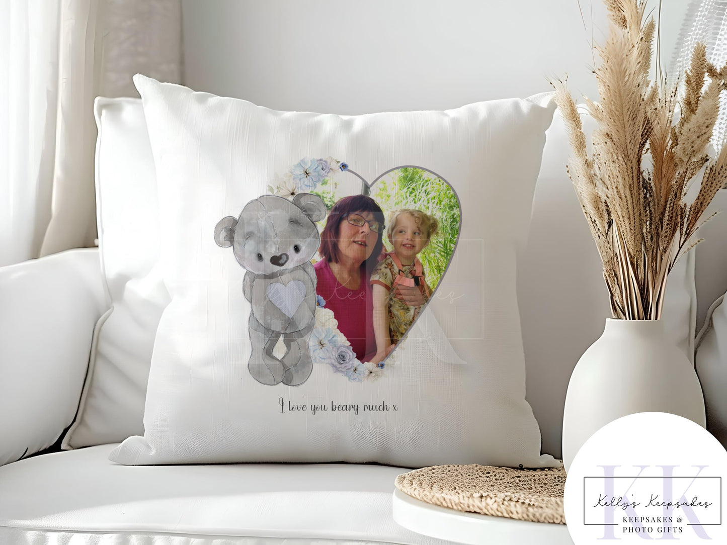 Personalised Grey Bear Velvet Photo Cushion - Photo Cushion - Photo Gift - Gift For Her