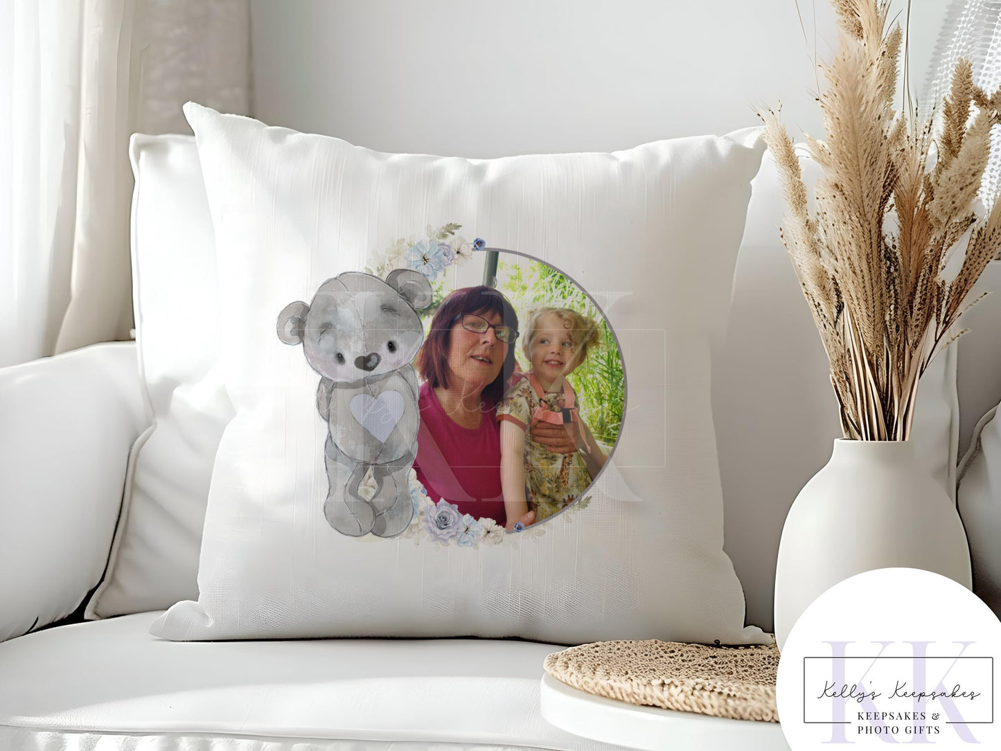 Personalised Grey Bear Velvet Photo Cushion - Photo Cushion - Photo Gift - Gift For Her