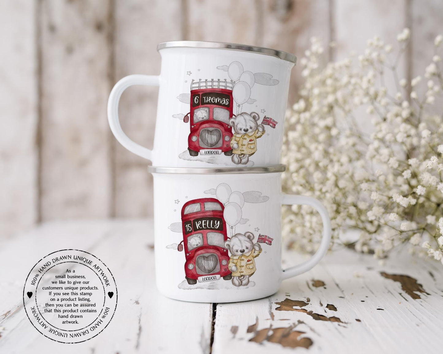 Personalised Sketchy London Bus with Teddy Bear - London themed -Mug - Enamel Mug- Unbreakable Mug - London Trip - Souvenir