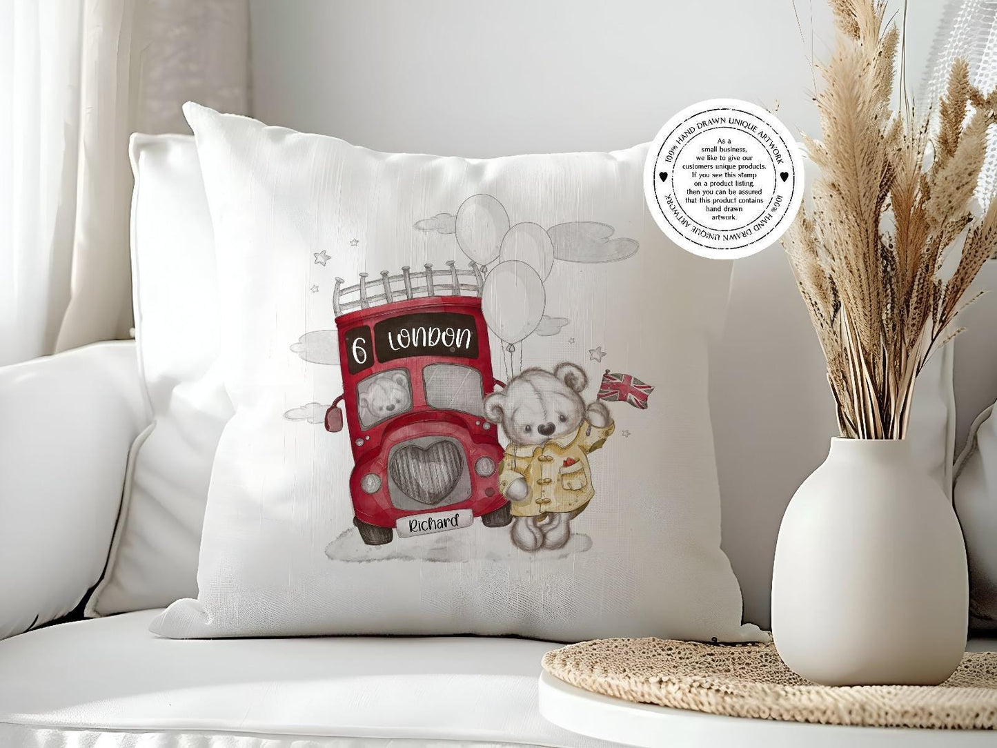 Personalised Sketchy London Bus with Teddy Bear - London themed - Cushion - Velvet Cushion- London Decor - London Trip - Souvenir