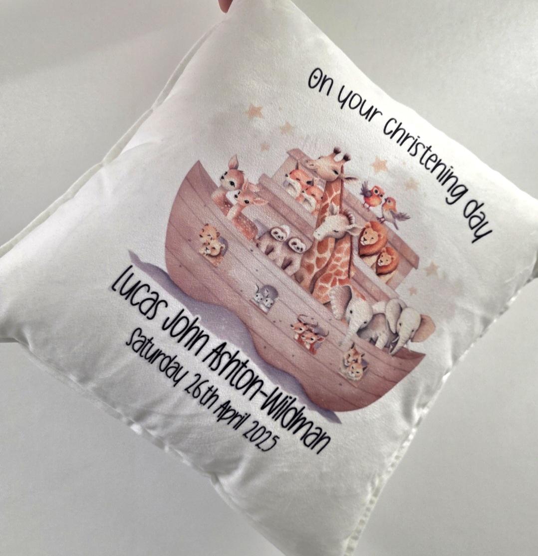 Personalised Christening Noah's Ark Velvet Cushion - Christening Gift - Baby Gift
