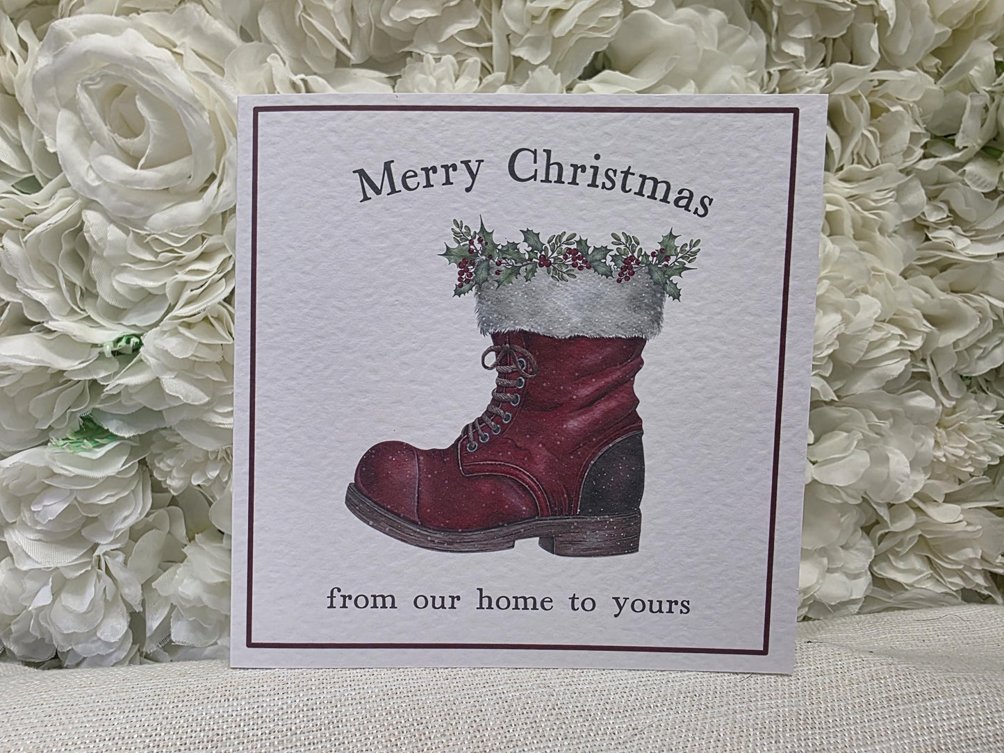 Personalised Christmas Card – "Red Boot Christmas Greeting" | Custom Family Name – From Our Home to Yours