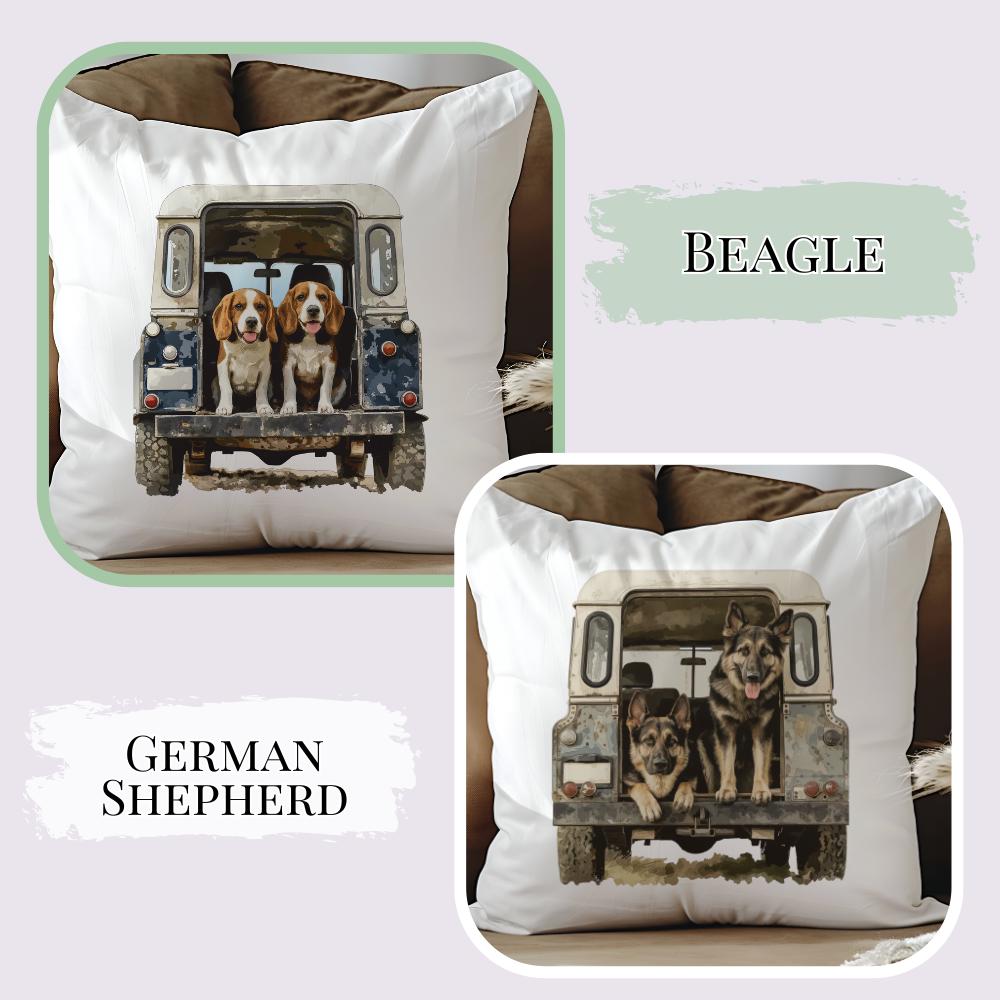 Working Dog Land Rover Velvet Cushion - Lab - Cocker - Collie - Rottweiler - Greyhound - Beagle -Shepherd - Terrier - Gun Dog - Countryside