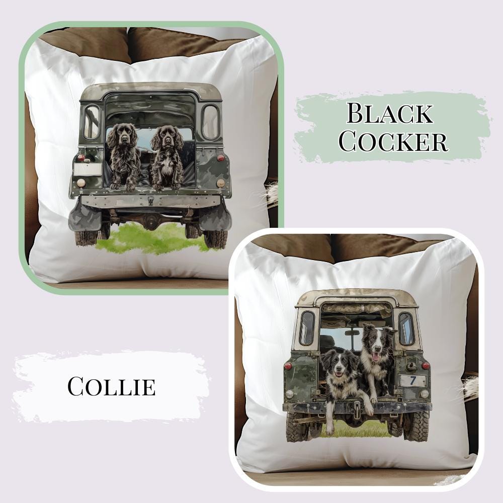 Working Dog Land Rover Velvet Cushion - Lab - Cocker - Collie - Rottweiler - Greyhound - Beagle -Shepherd - Terrier - Gun Dog - Countryside