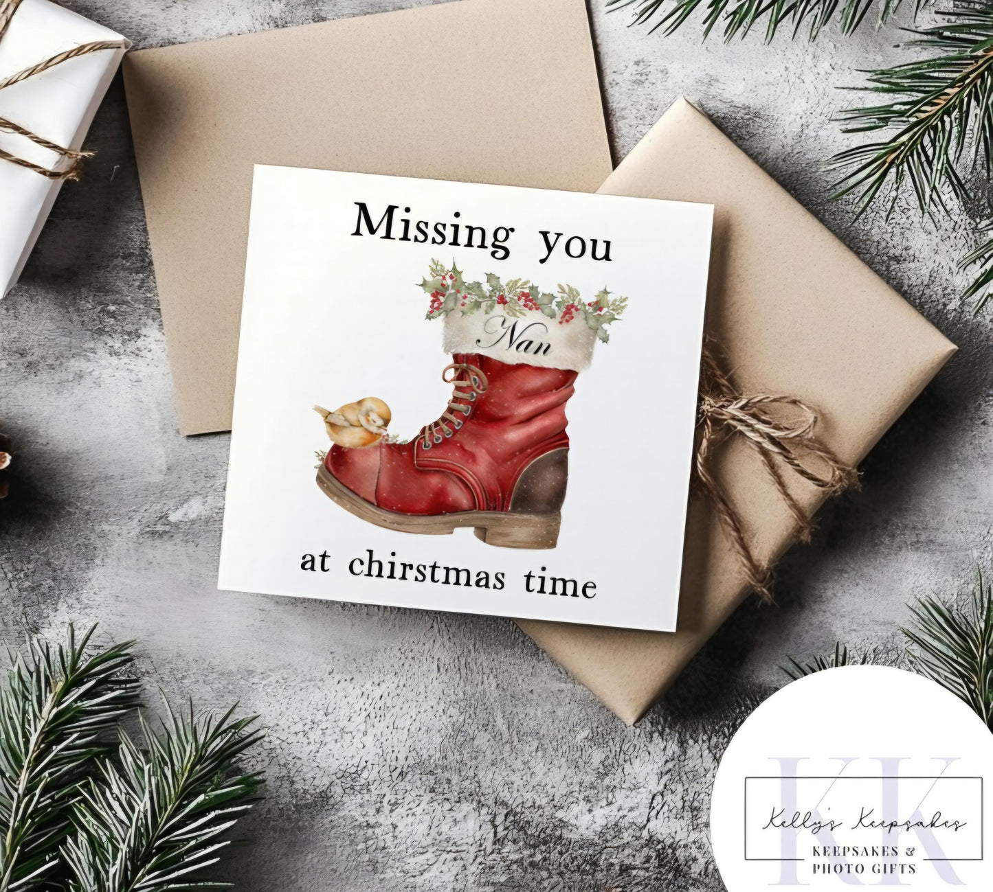 Missing You at Christmas β Personalised Remembrance Card | Red Boot Christmas Memorial Card for Loved Ones