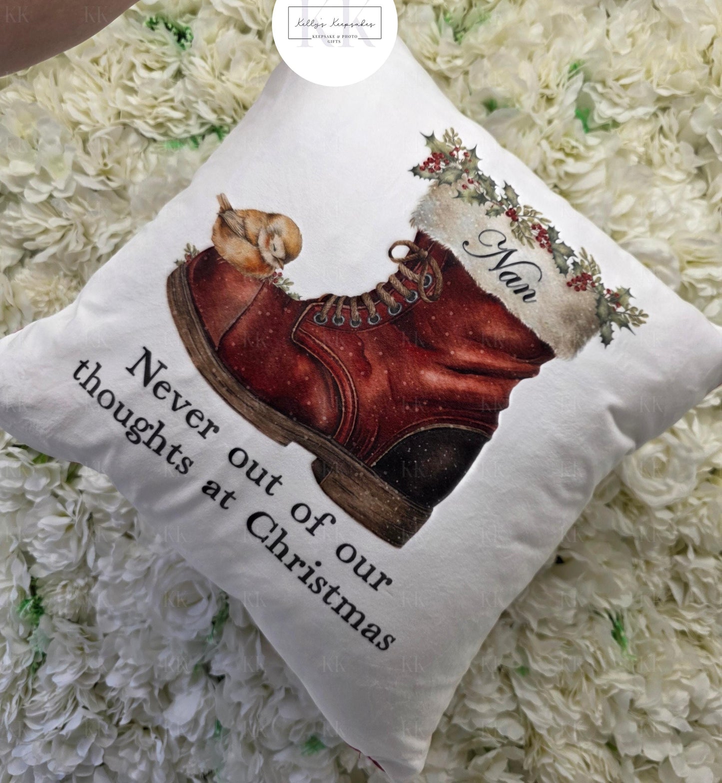 Christmas Personalised Robin Santa Boot Memorial Cushion - santa- Robins Appear - thinking of you at Christmas