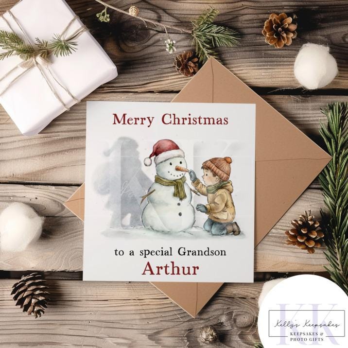 Personalised Magical Little Boy with Snowman Card - Custom Name - Grandson - Son - Nephew - Christmas Card - For Boy - 2 Options