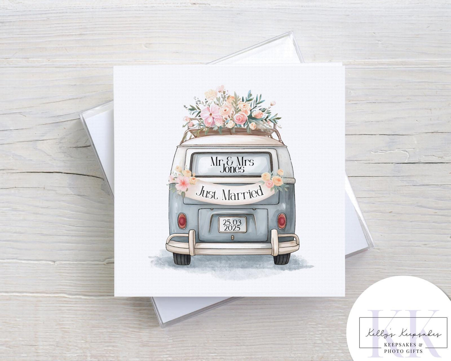 personalised just married campervan card - custom name and date - camper life - wedding card