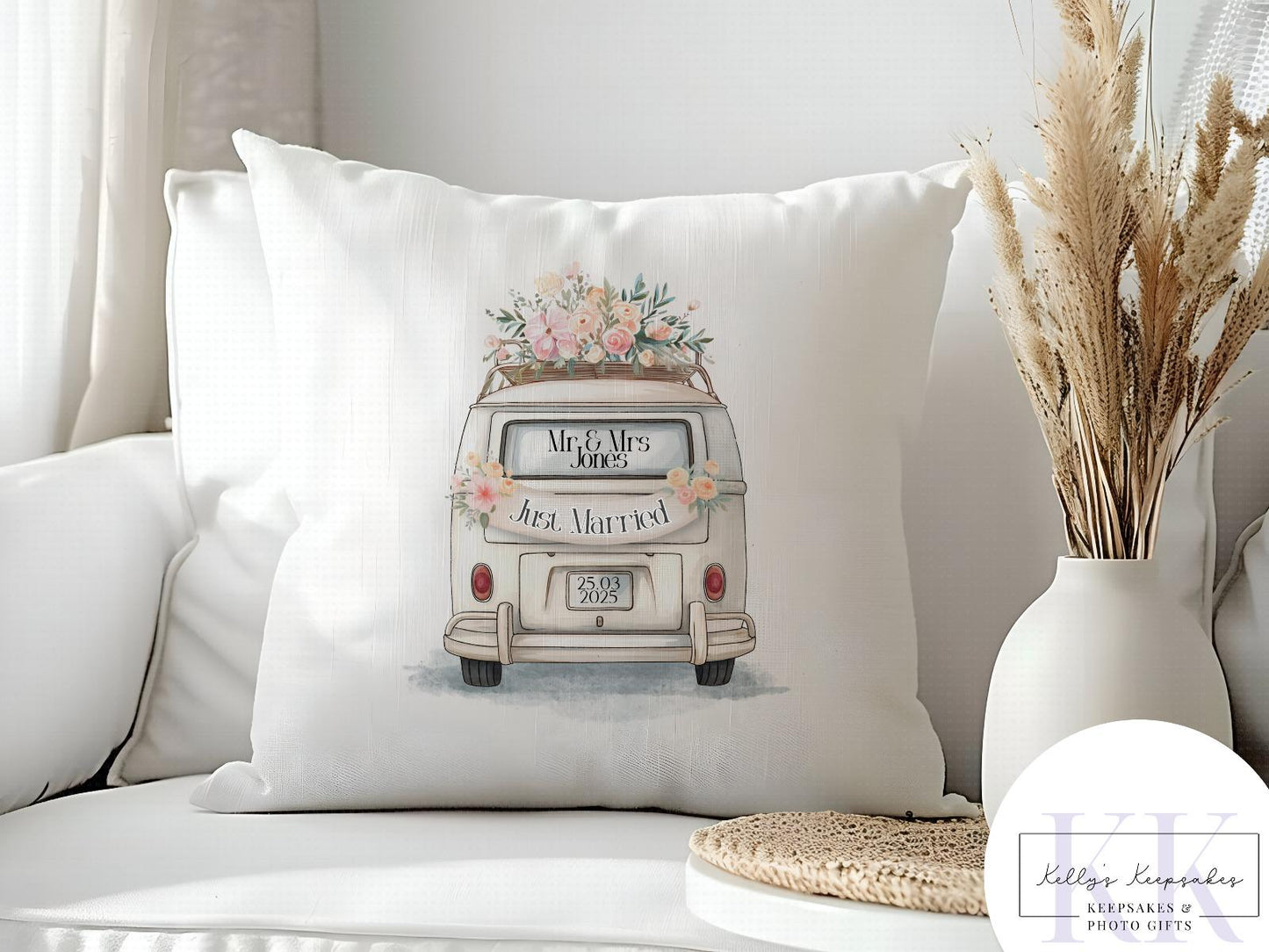 Personalised wedding camper cushion - wedding gift - custom name - personalised velvet cushion - various colours