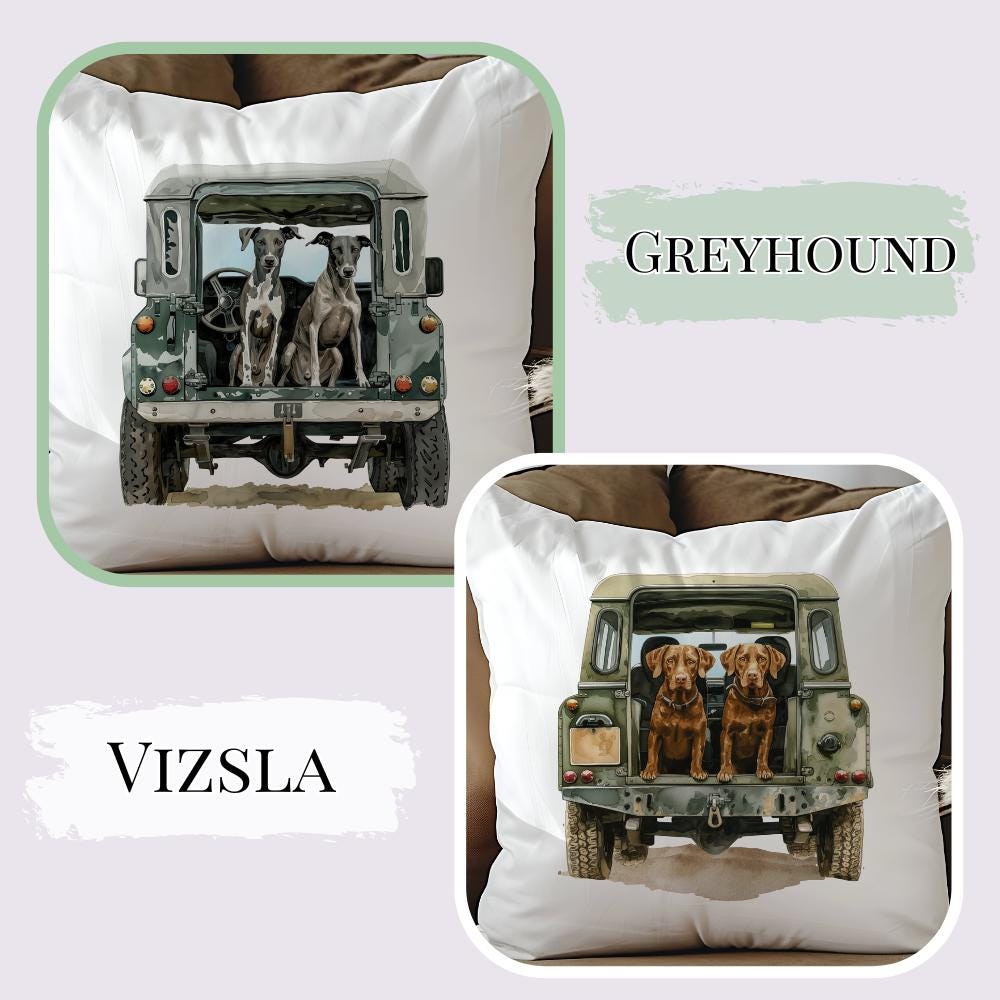 Working Dog Land Rover Velvet Cushion - Lab - Cocker - Collie - Rottweiler - Greyhound - Beagle -Shepherd - Terrier - Gun Dog - Countryside