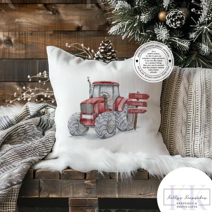 Personalised Christmas Farm Tractor Cushion β Red, Blue or Green | Velvet 40x40cm | Custom Family Name | Rustic Country Decor | Robin Detail