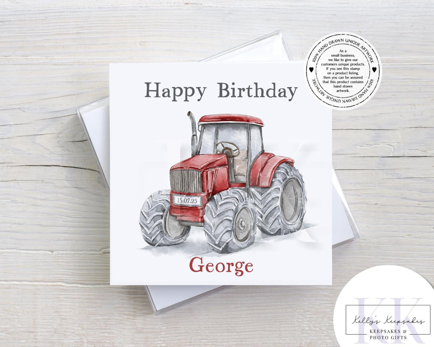 Personalised Tractor Birthday Card – Red, Green or Blue – Custom Name & Date – Hand-Drawn Farm Vehicle Design