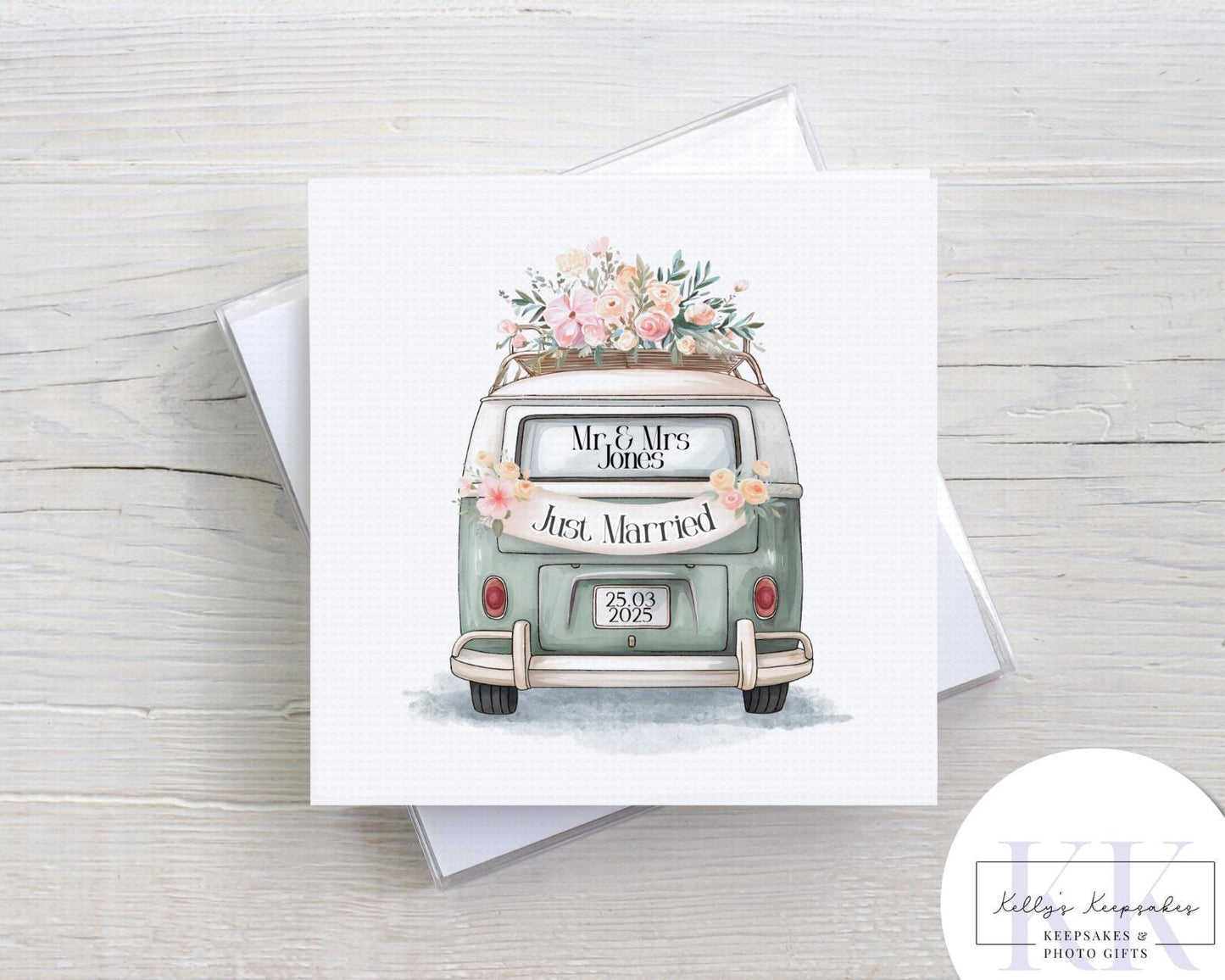personalised just married campervan card - custom name and date - camper life - wedding card