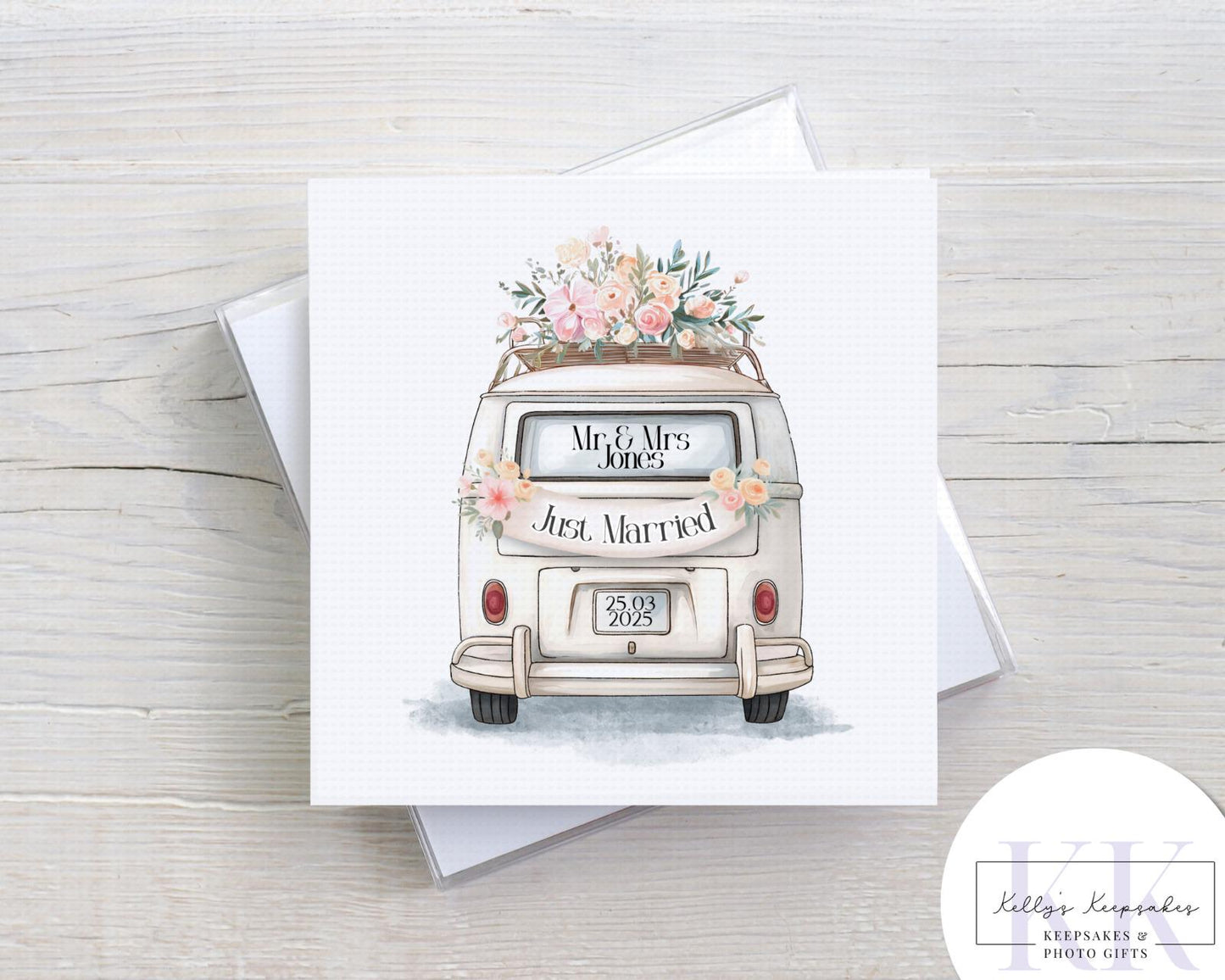 personalised just married campervan card - custom name and date - camper life - wedding card