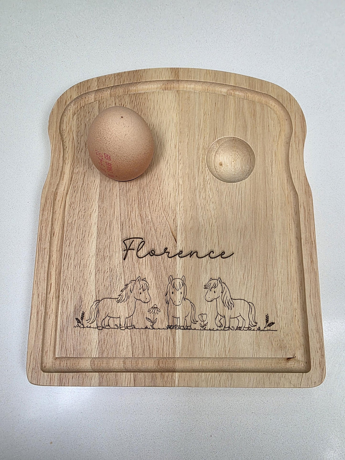 Personalised Wooden Egg Board - Custom Name with Cute Pony Design - Owl & Bunny Design - Bunny and Chick Design - Breakfast Board for Kids
