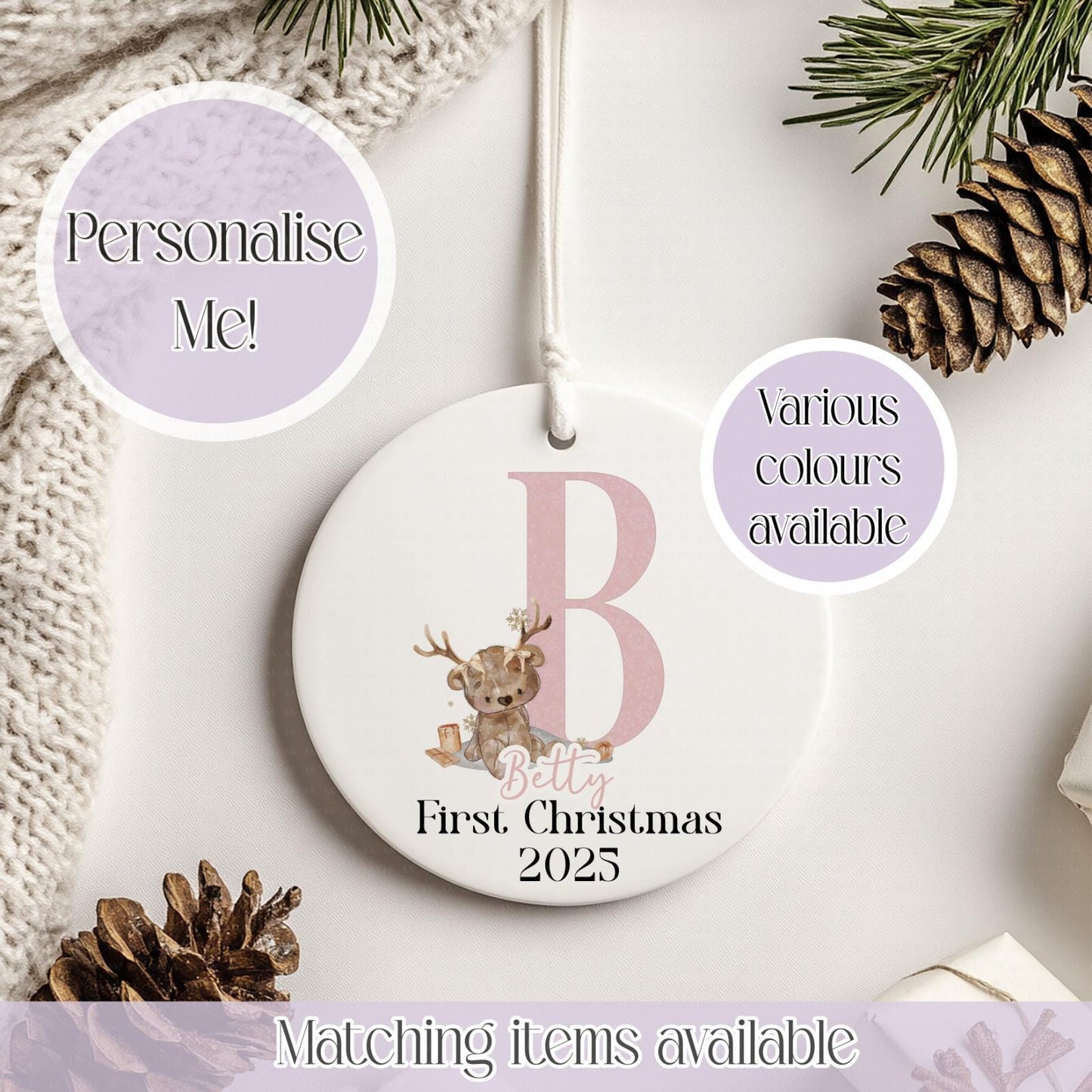 Personalised Reindeer Teddy Ceramic Bauble - Christmas Decoration - First Christmas - Fully Editable- Custom Name - Various Colours