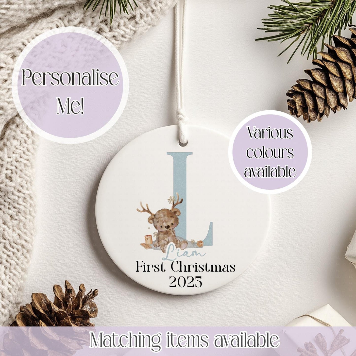 Personalised Reindeer Teddy Ceramic Bauble - Christmas Decoration - First Christmas - Fully Editable- Custom Name - Various Colours