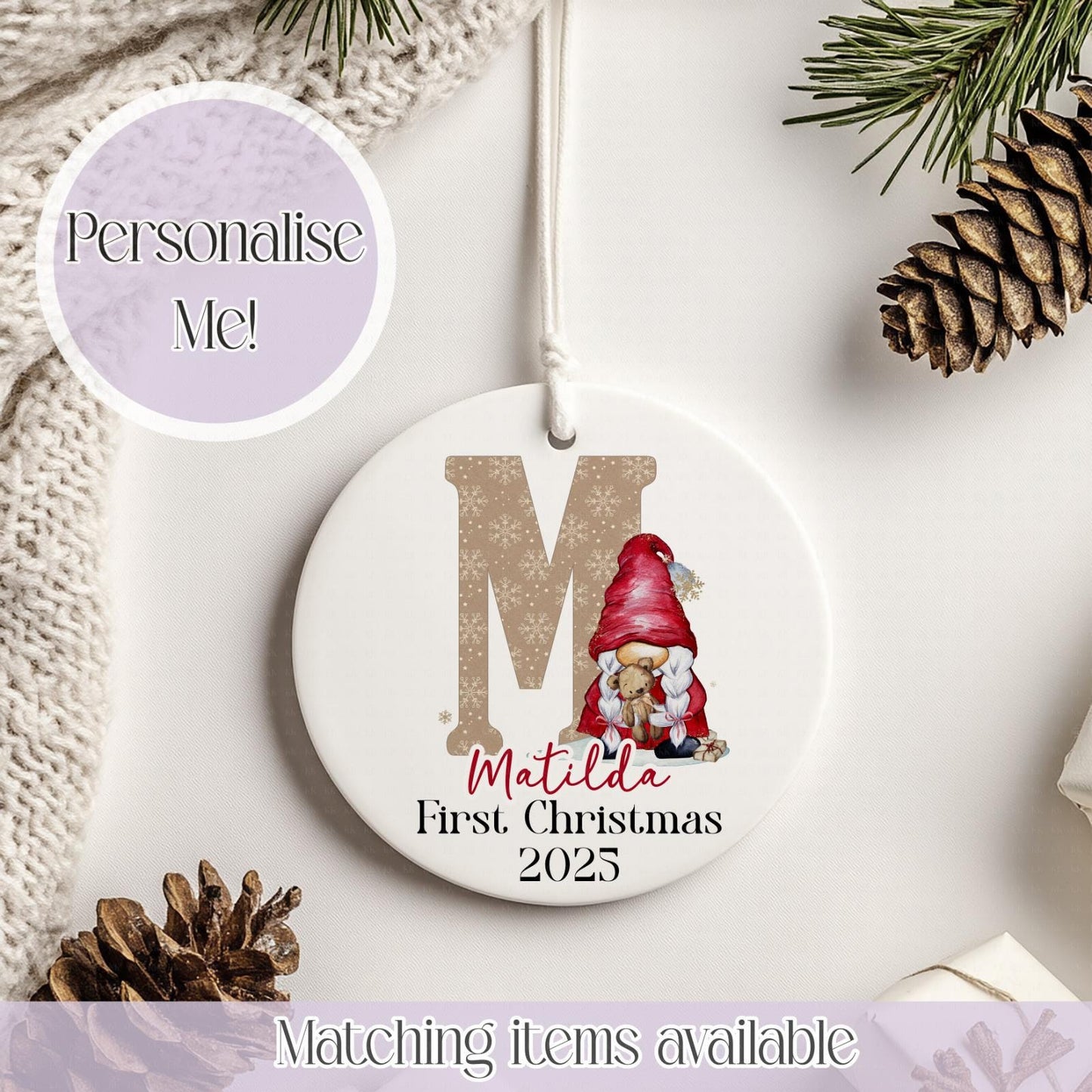 Personalised Christmas Gonk Ceramic Bauble - Christmas Decoration - First Christmas - Fully Editable- Custom Name - Various Colours