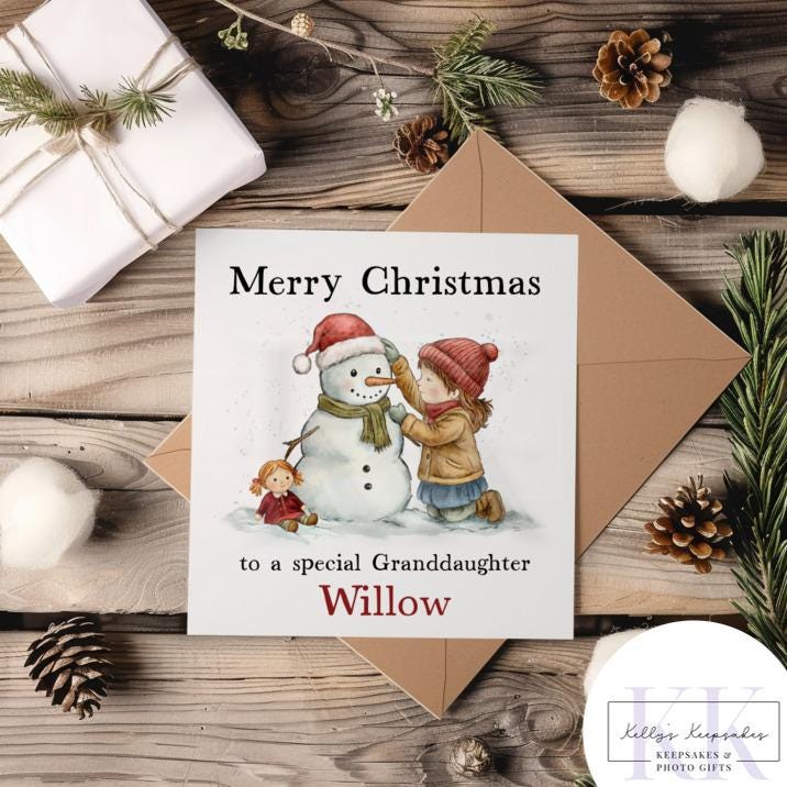 Personalised Magical Little Girl with Snowman Card - Custom Name - Granddaughter - daughter - Niece - Christmas Card - For Girl - 2 Options