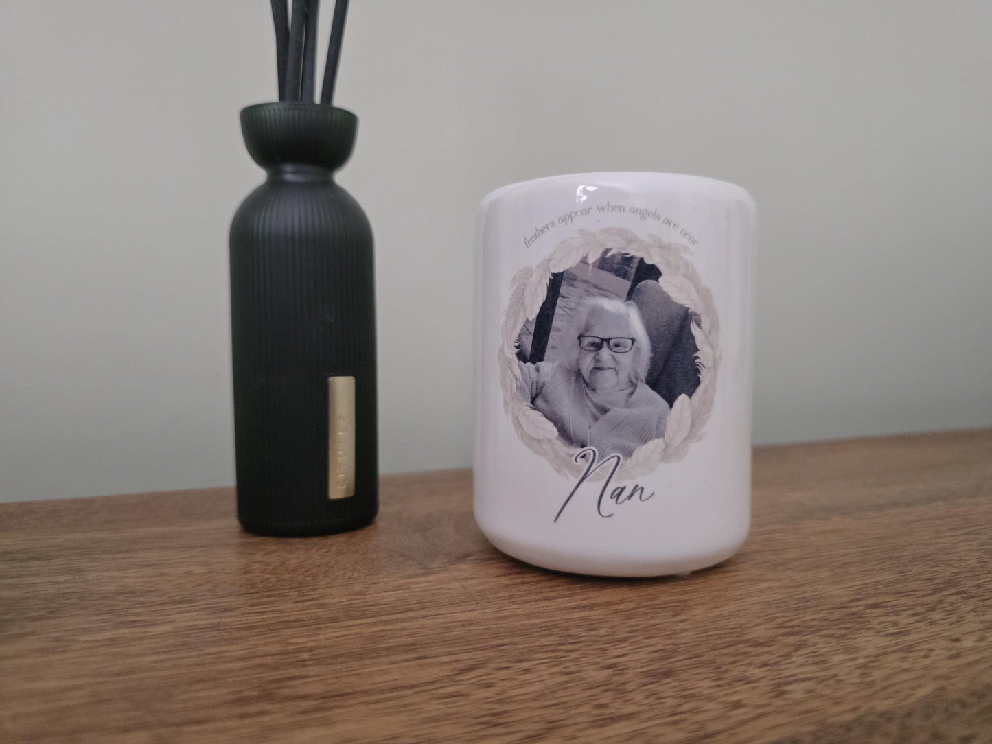 Personalised Memorial Photo Feathers Appear Ceramic Candle Holder - Feathers appear when angels are near- Memorial Candle