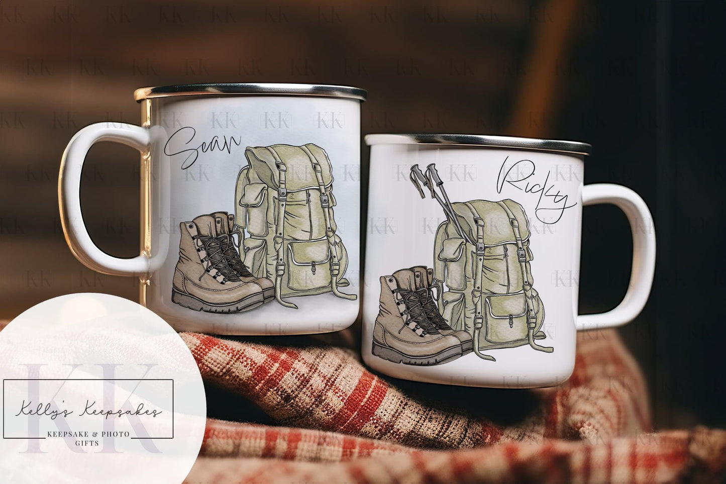 Personalised Hiking Mug - Custom 11oz White or Enamel Mug - Backpack & Boots Design - Adventure Gift for Him - Outdoorsy Coffee Cup