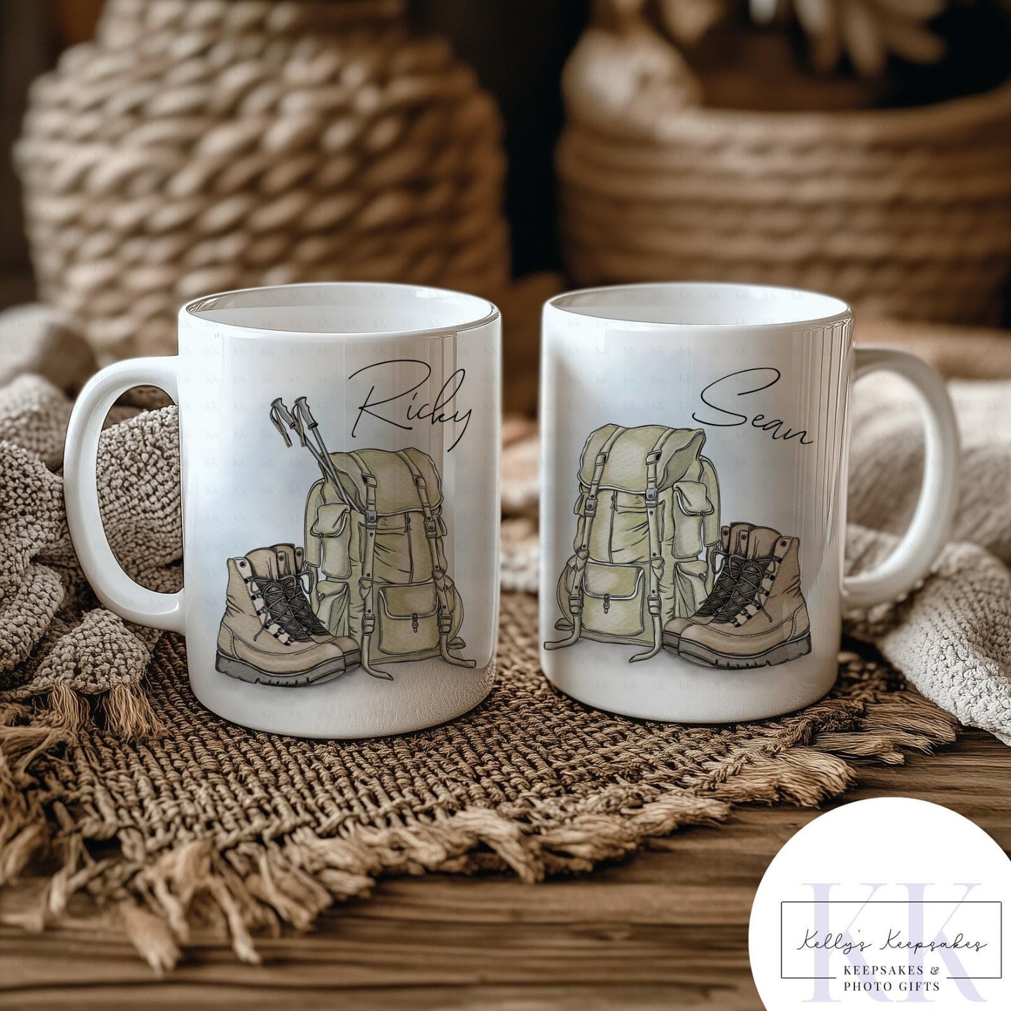 Personalised Hiking Mug - Custom 11oz White or Enamel Mug - Backpack & Boots Design - Adventure Gift for Him - Outdoorsy Coffee Cup